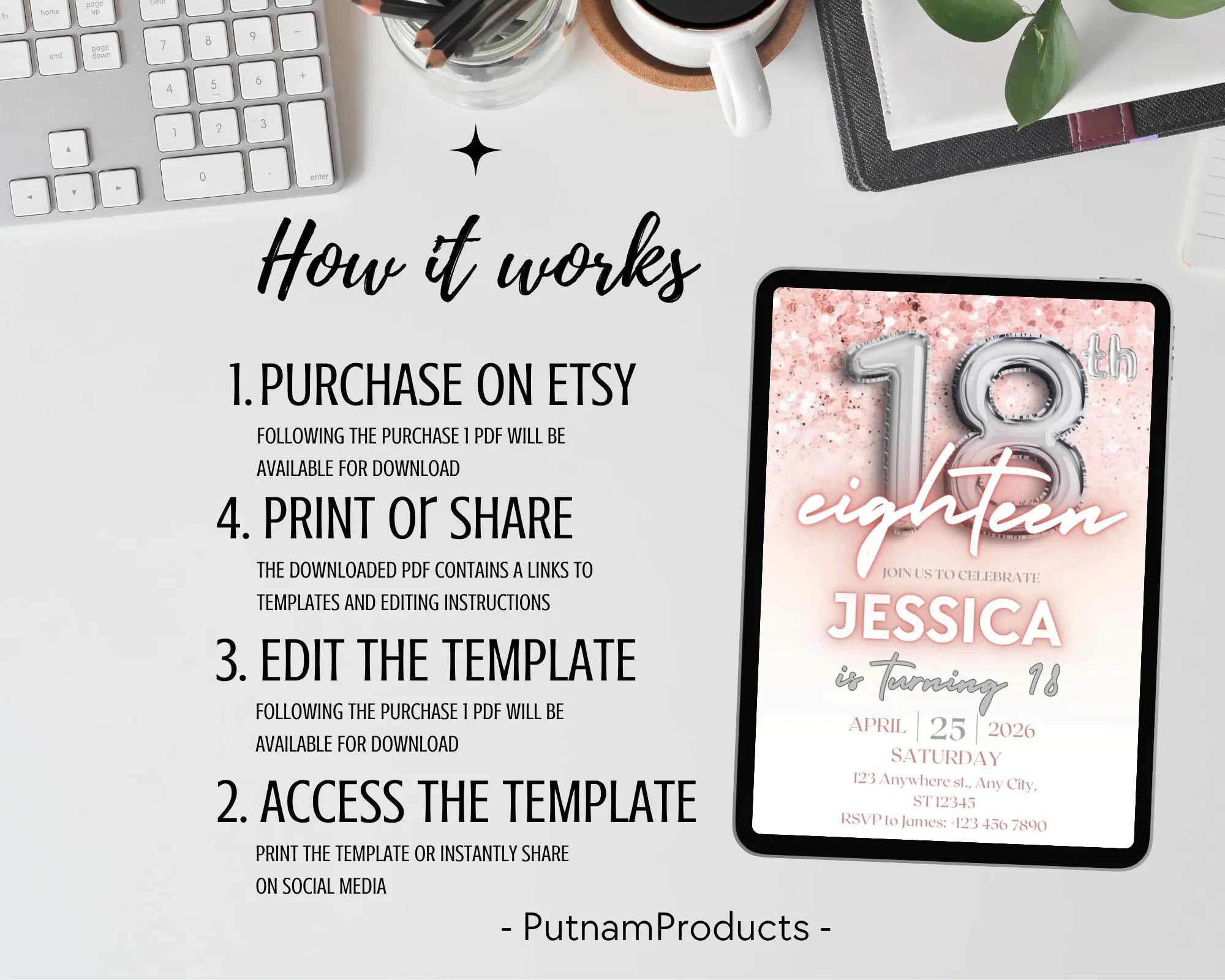 Editable Pink 18th Birthday Invitation Template, Pink Glitter Birthday Party Invite, Girl Eighteenth Birthday, Instant Download Template