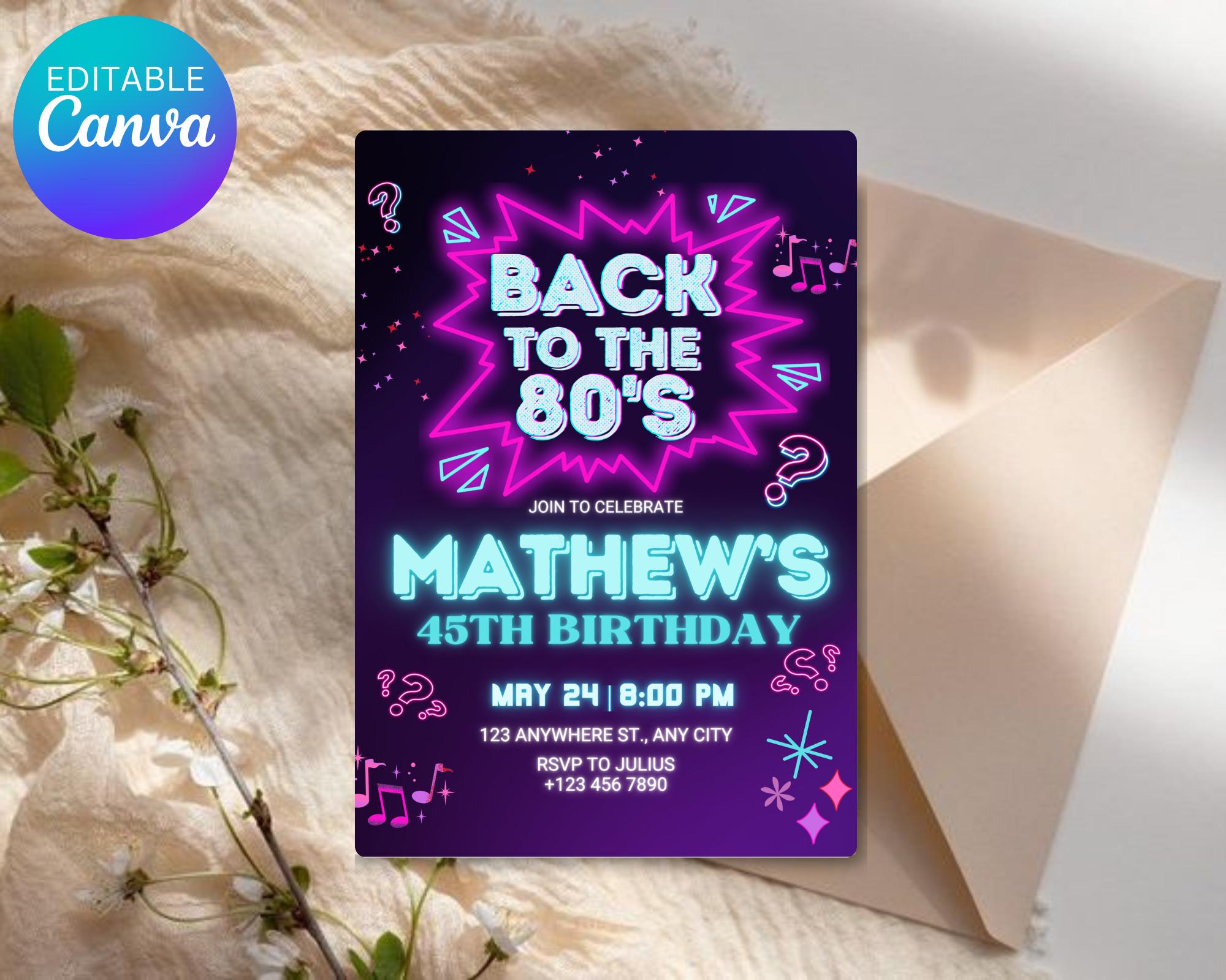Editable 80s Birthday Party Invitation, Back To The 80s, Throwback Party, Neon Party, Glow Dance, 2000s Birthday, Adult Birthday Invitation