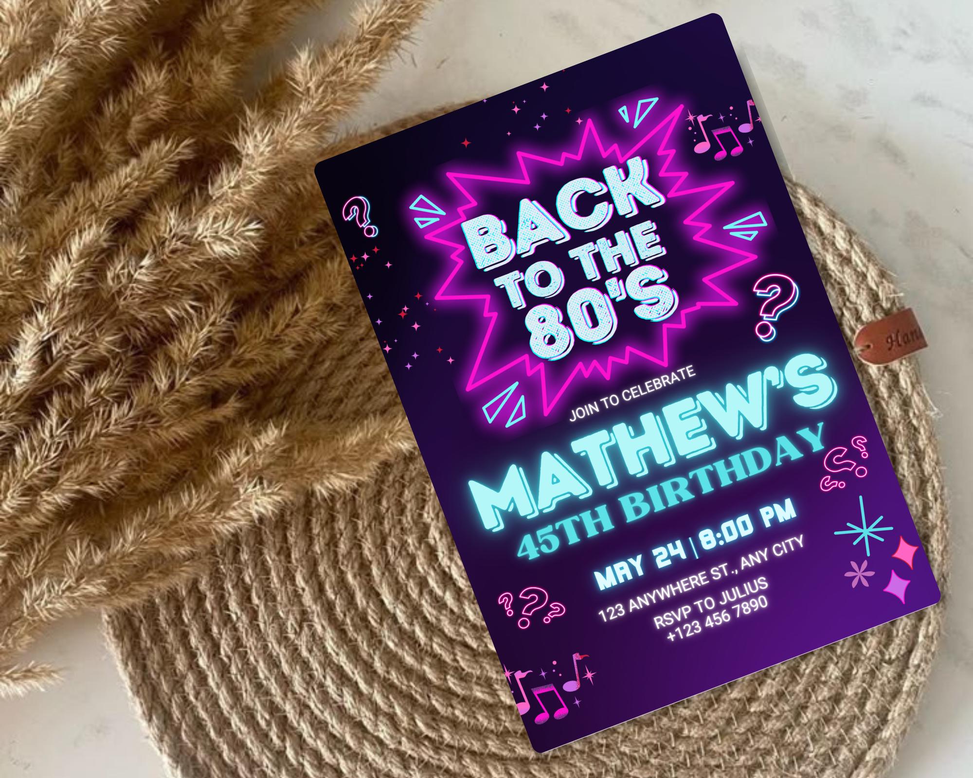 Editable 80s Birthday Party Invitation, Back To The 80s, Throwback Party, Neon Party, Glow Dance, 2000s Birthday, Adult Birthday Invitation