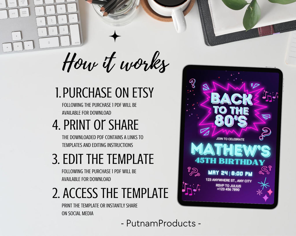 Editable 80s Birthday Party Invitation, Back To The 80s, Throwback Party, Neon Party, Glow Dance, 2000s Birthday, Adult Birthday Invitation