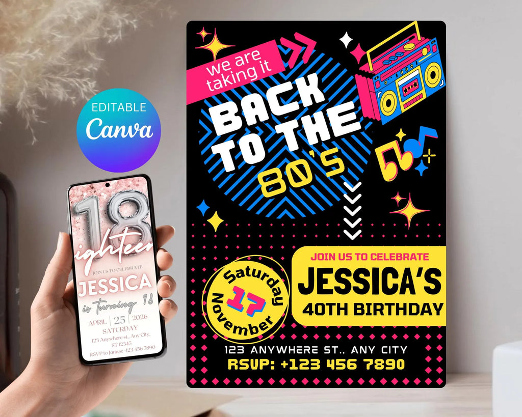 Editable 80s Birthday Party Invitation, Adult Birthday Invite, Back To The 80s, Throwback Party, Neon Party, Glow Dance, 2000s Birthday