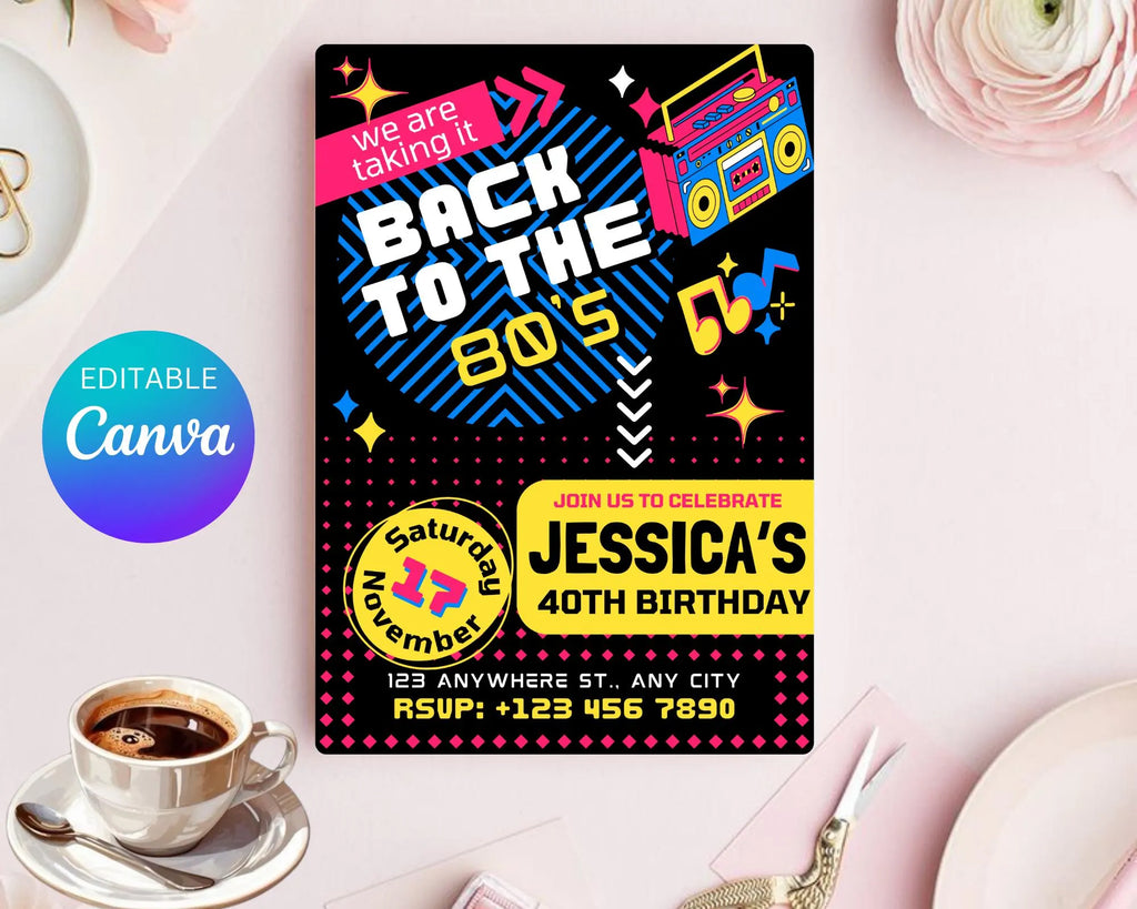 Editable 80s Birthday Party Invitation, Adult Birthday Invite, Back To The 80s, Throwback Party, Neon Party, Glow Dance, 2000s Birthday