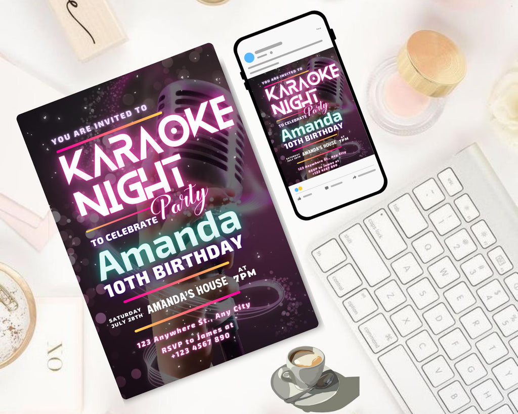 Editable Karaoke Party Birthday Invitation, Glow Karaoke birthday party, Neon singing music party invite, Karaoke and glow instant download