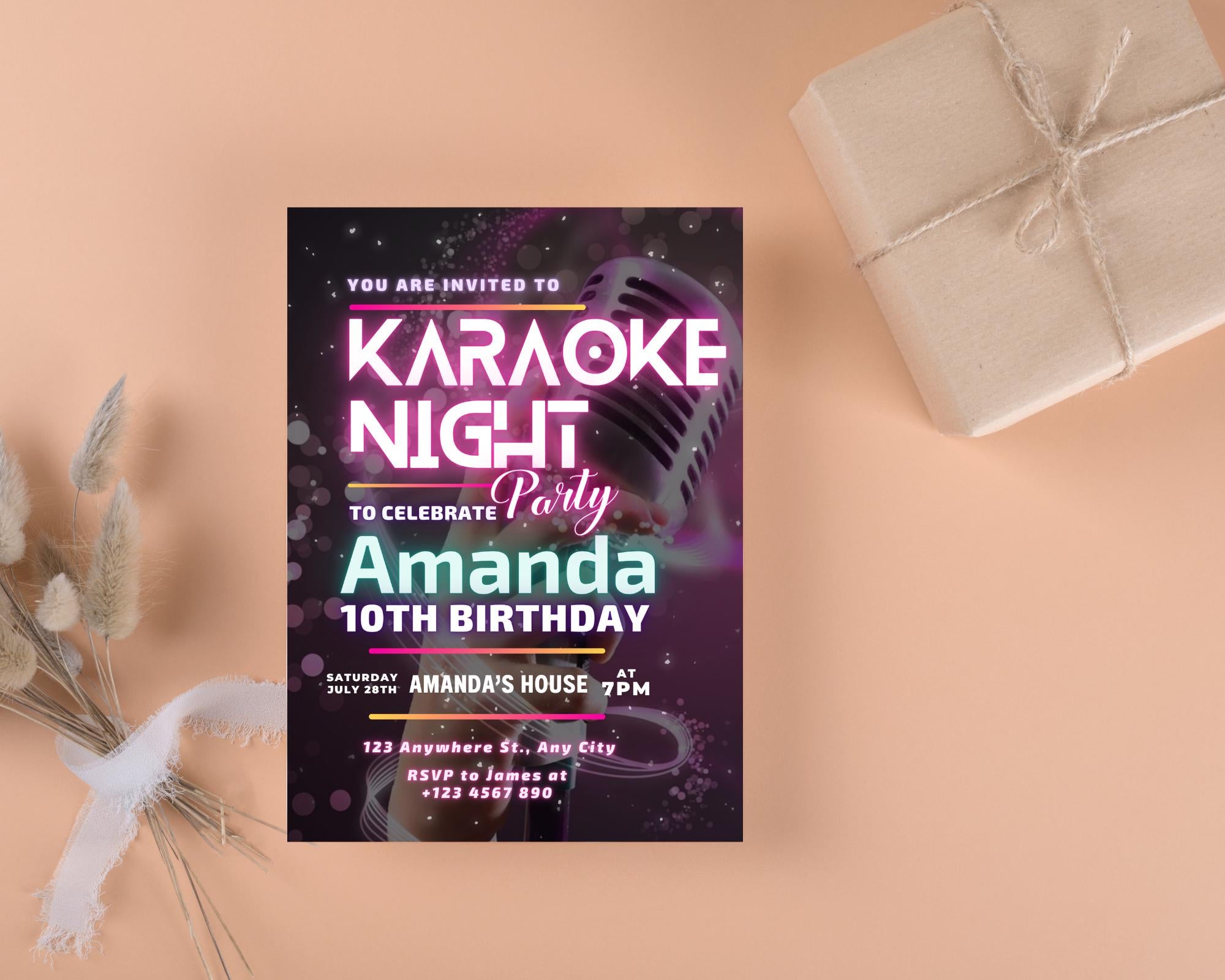 Editable Karaoke Party Birthday Invitation, Glow Karaoke birthday party, Neon singing music party invite, Karaoke and glow instant download