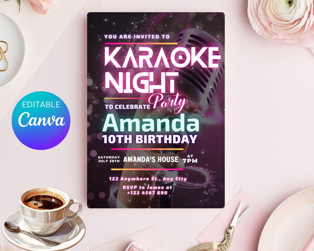 Editable Karaoke Party Birthday Invitation, Glow Karaoke birthday party, Neon singing music party invite, Karaoke and glow instant download