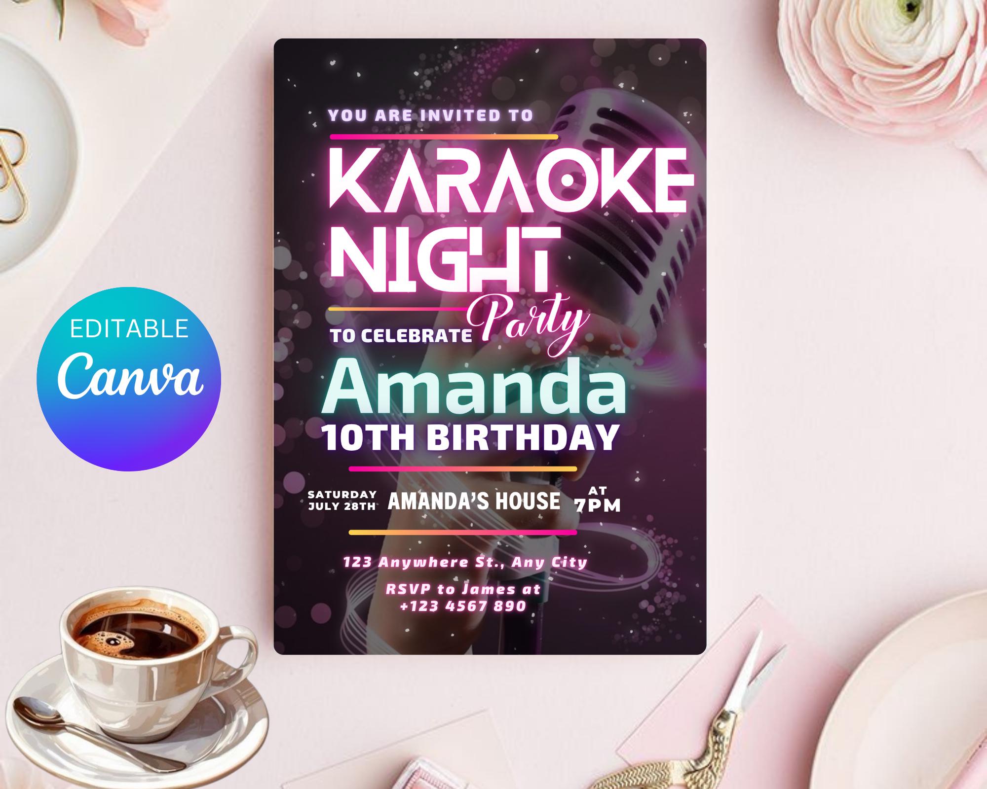 Editable Karaoke Party Birthday Invitation, Glow Karaoke birthday party, Neon singing music party invite, Karaoke and glow instant download