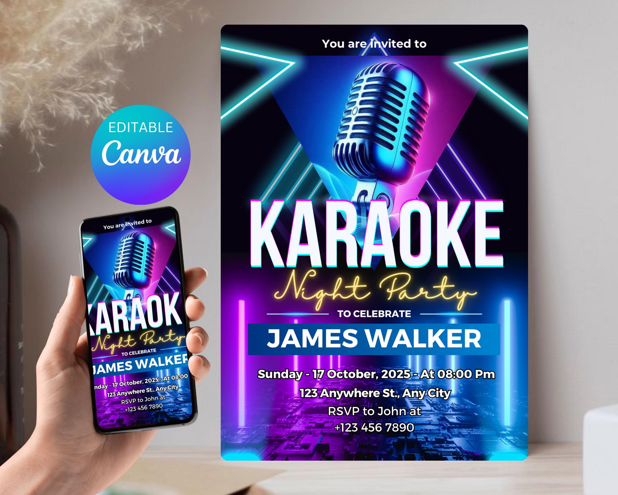 Editable Karaoke Birthday Invitation, Karaoke Birthday Invitation, Glow Girl Karaoke Party Invite, Karaoke Birthday Party, Canva Template
