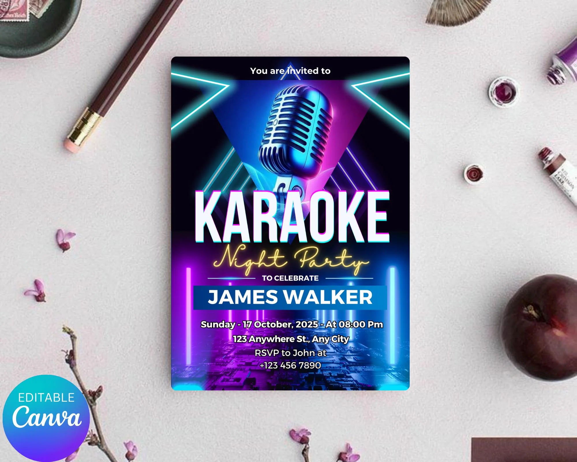 Editable Karaoke Birthday Invitation, Karaoke Birthday Invitation, Glow Girl Karaoke Party Invite, Karaoke Birthday Party, Canva Template