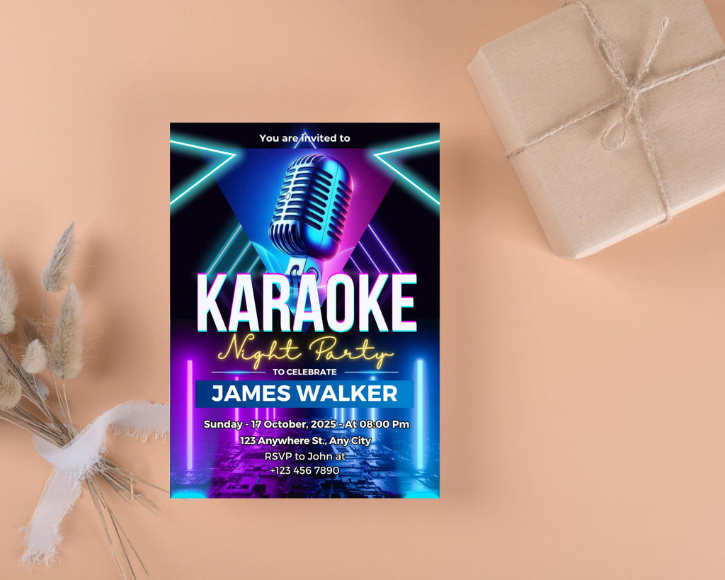 Editable Karaoke Birthday Invitation, Karaoke Birthday Invitation, Glow Girl Karaoke Party Invite, Karaoke Birthday Party, Canva Template
