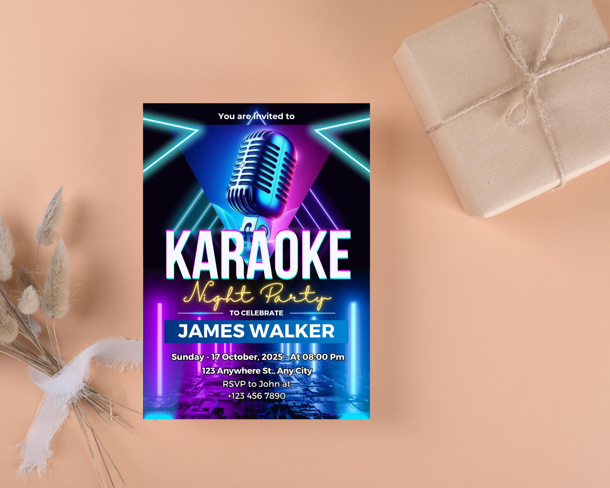 Editable Karaoke Birthday Invitation, Karaoke Birthday Invitation, Glow Girl Karaoke Party Invite, Karaoke Birthday Party, Canva Template