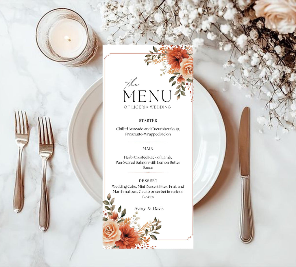 Autumn floral wedding invitation bundle, Fall Floral Wedding Invite, Boho Terracotta Rust Orange Red Burgundy, Printable Suite,