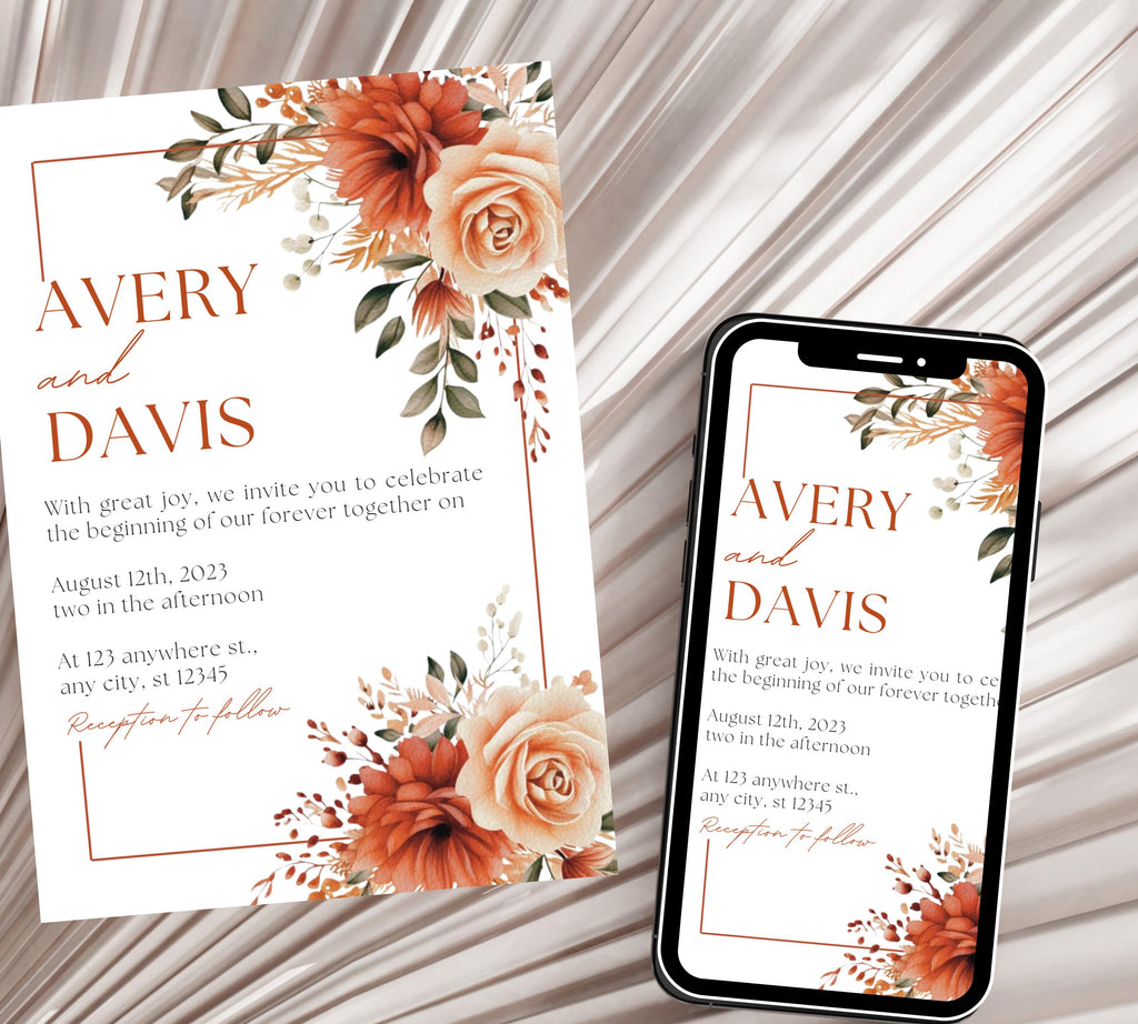 Autumn floral wedding invitation bundle, Fall Floral Wedding Invite, Boho Terracotta Rust Orange Red Burgundy, Printable Suite,