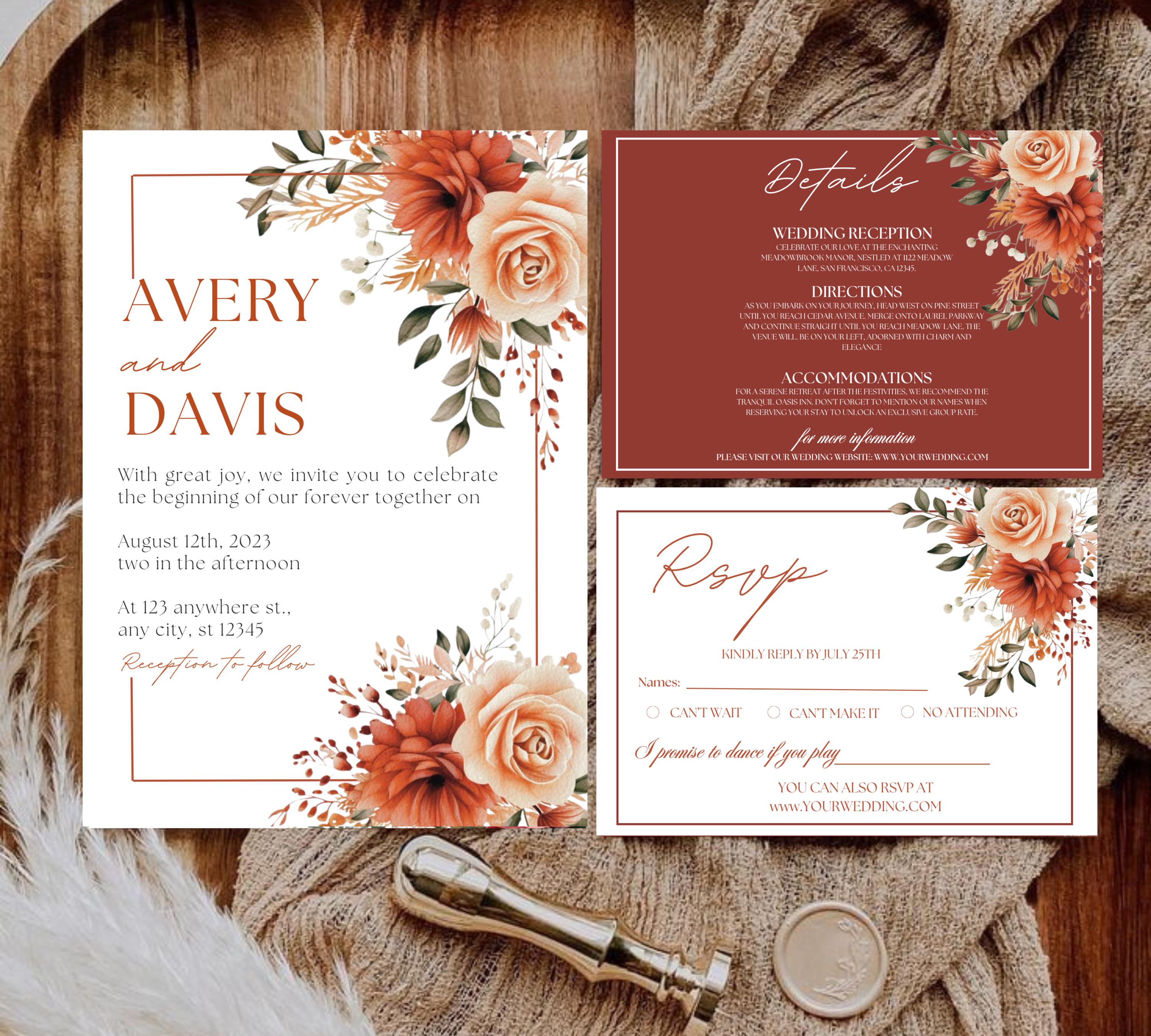 Autumn floral wedding invitation bundle, Fall Floral Wedding Invite, Boho Terracotta Rust Orange Red Burgundy, Printable Suite,