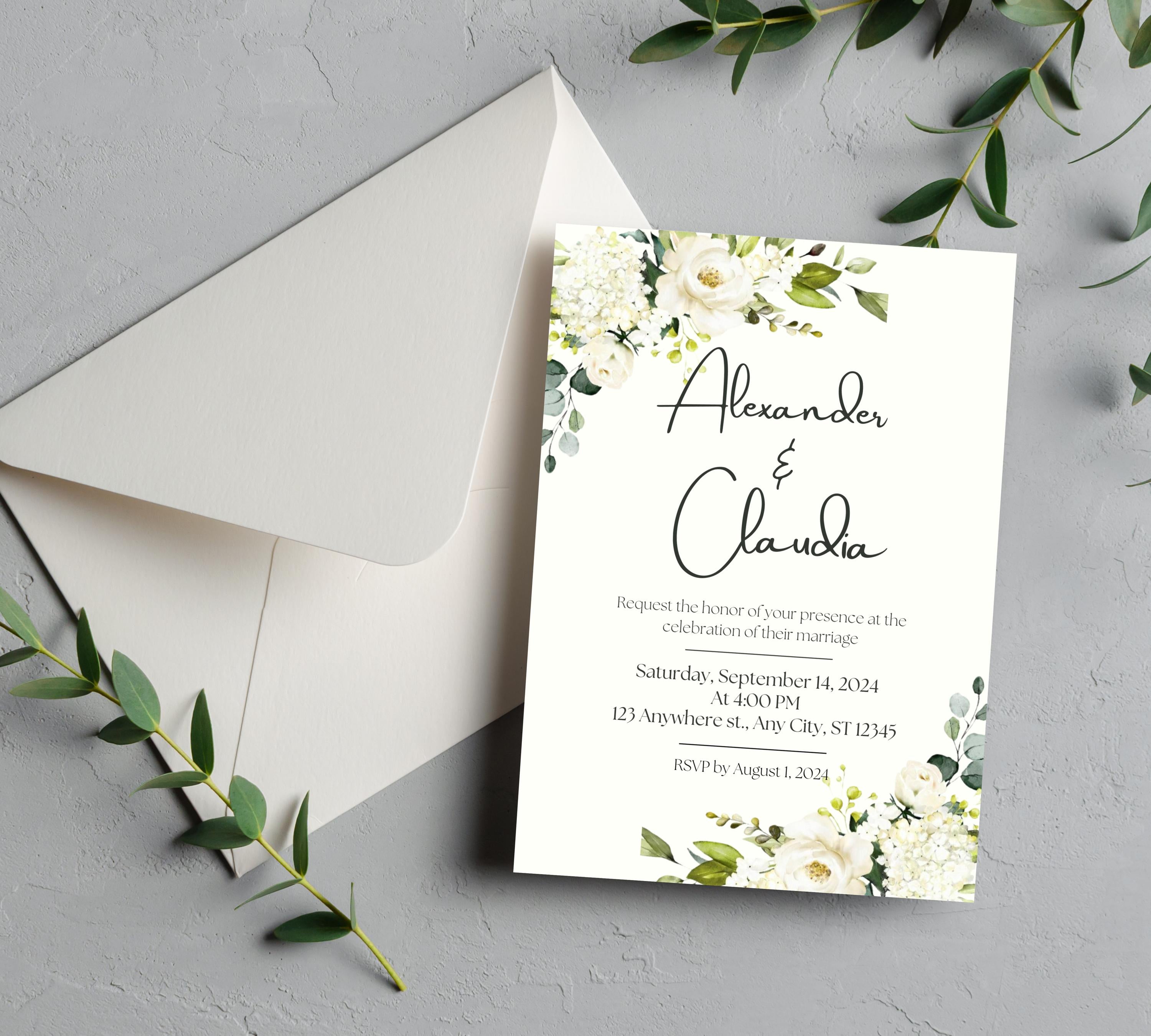 Minimalist Greenery and White Floral Wedding Invite bundle, Sage Green Boho Wedding Invitation Suite, White and Green Invite,Boho Wildflower