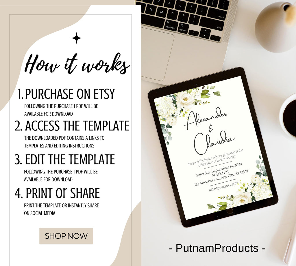 Minimalist Greenery and White Floral Wedding Invite bundle, Sage Green Boho Wedding Invitation Suite, White and Green Invite,Boho Wildflower