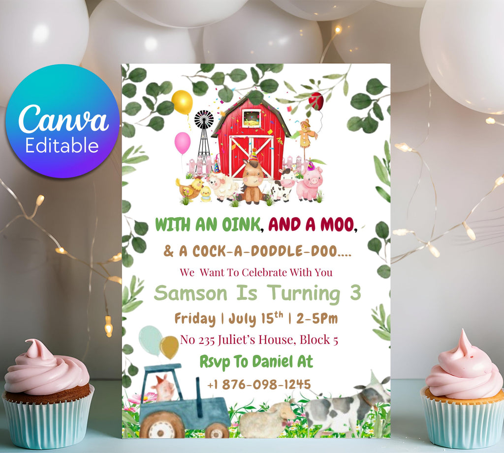 Editable Farm Birthday Invitation Template, Farm Animal Birthday Invitation, Barnyard Invitation, Kids Birthday Invitation, Instant Download