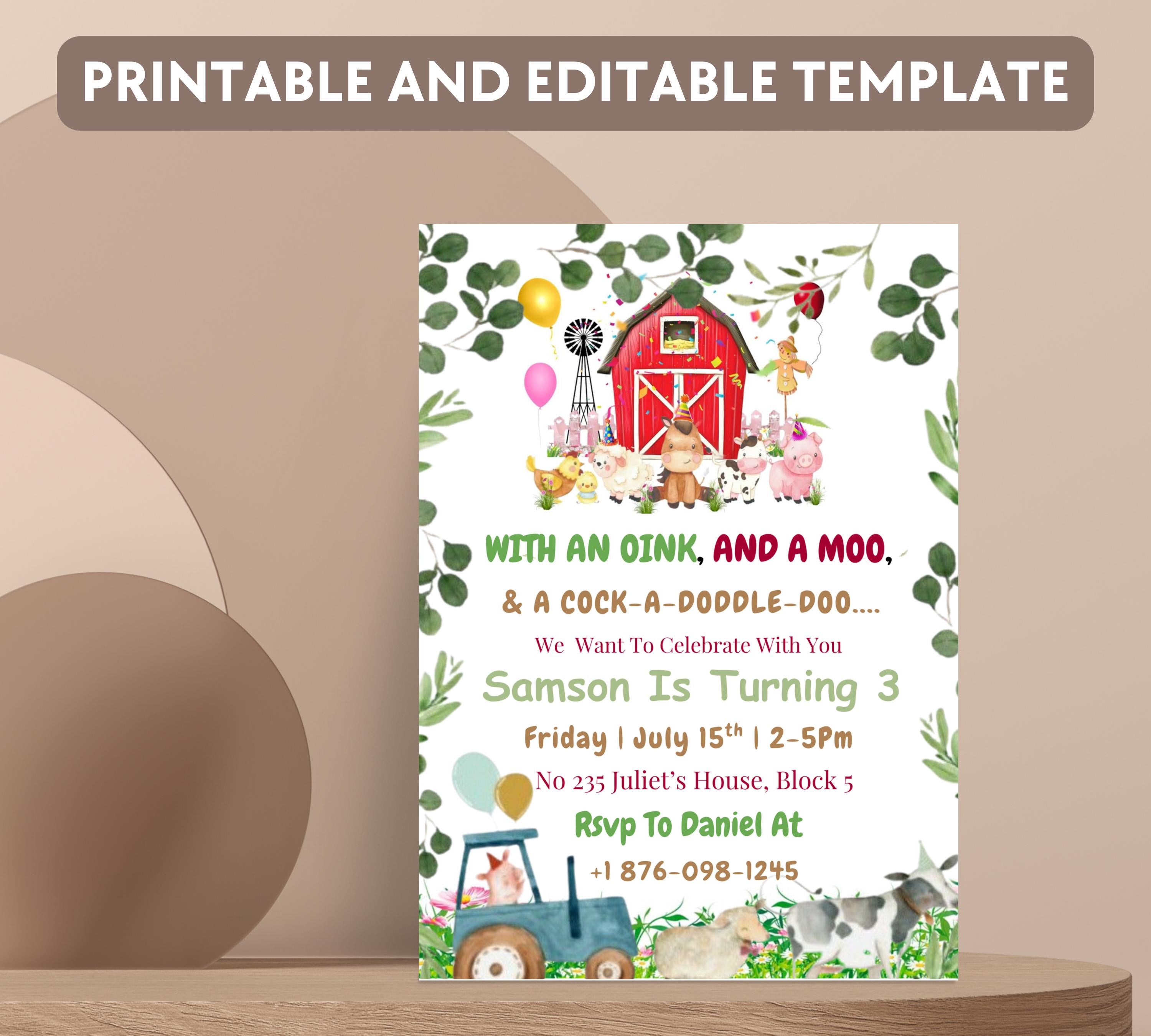 Editable Farm Birthday Invitation Template, Farm Animal Birthday Invitation, Barnyard Invitation, Kids Birthday Invitation, Instant Download