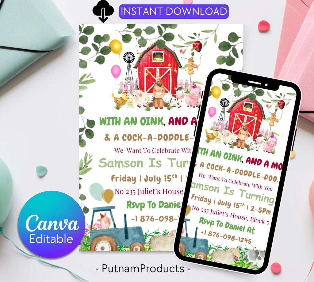 Editable Farm Birthday Invitation Template, Farm Animal Birthday Invitation, Barnyard Invitation, Kids Birthday Invitation, Instant Download