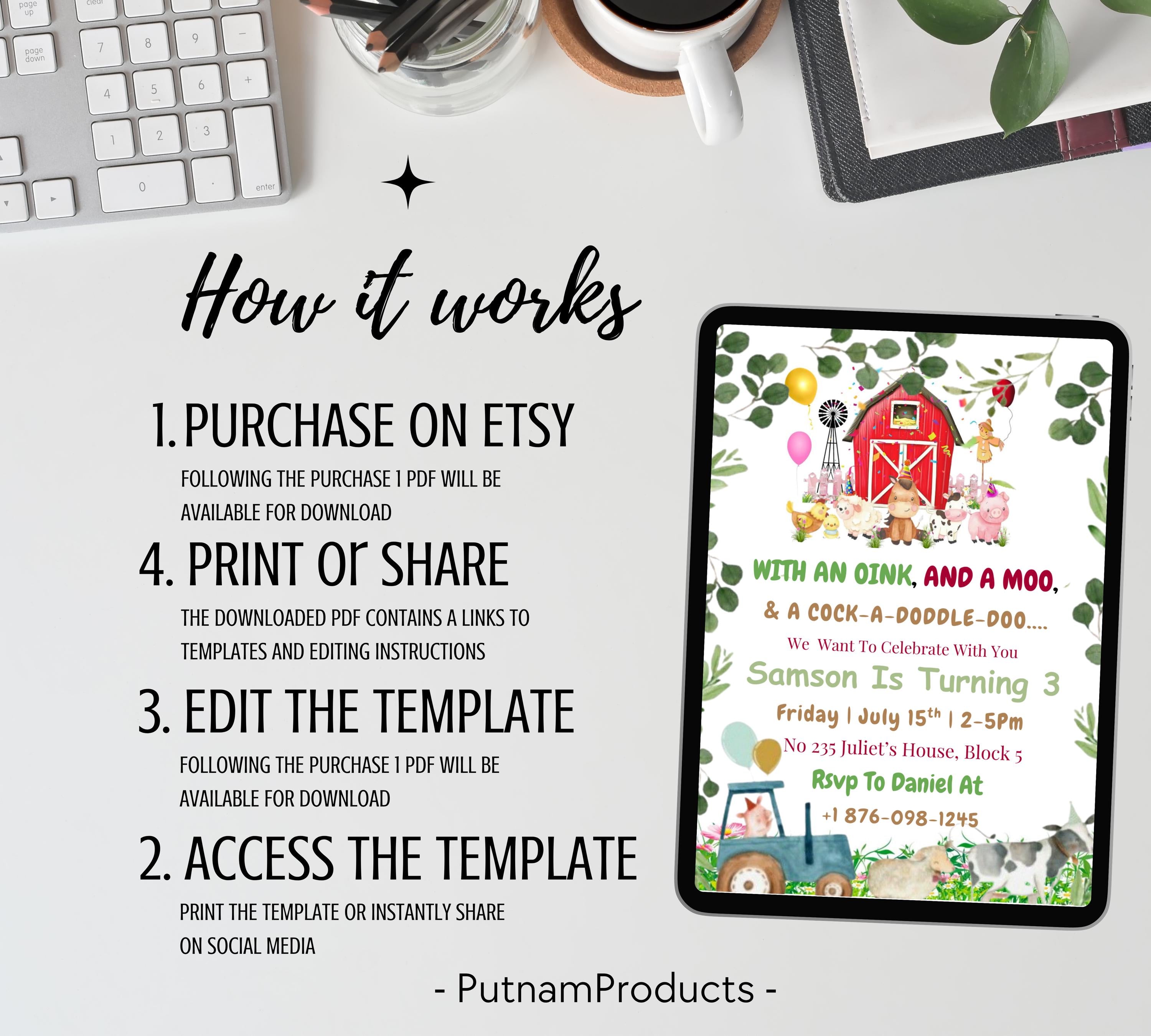 Editable Farm Birthday Invitation Template, Farm Animal Birthday Invitation, Barnyard Invitation, Kids Birthday Invitation, Instant Download