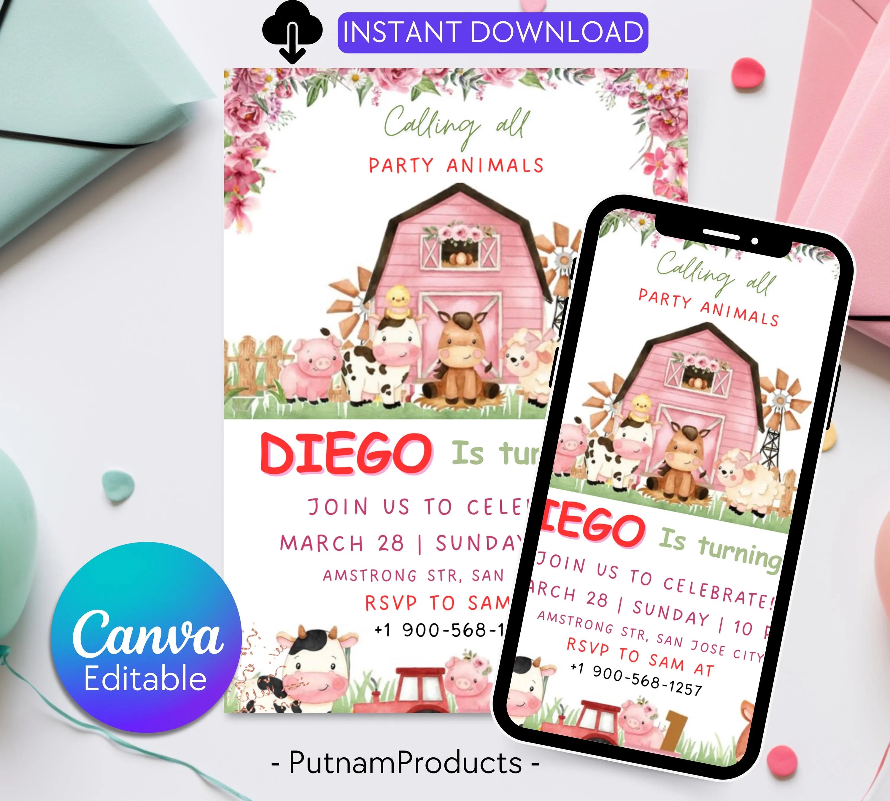 Editable Farm Birthday Invitation, Farm Animals Birthday Invitation, Farm Boy Birthday Invite, Ranch Kids Birthday, Instant Download