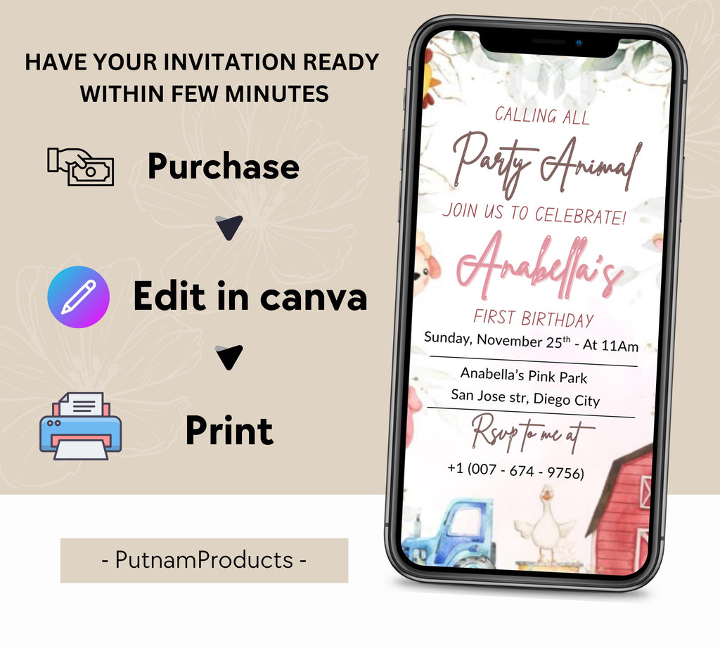 Editable Farm Animal Birthday Invitation, Boy Farm First Birthday Invite, Printable Farm Birthday Birthday Invitation, Instant Download