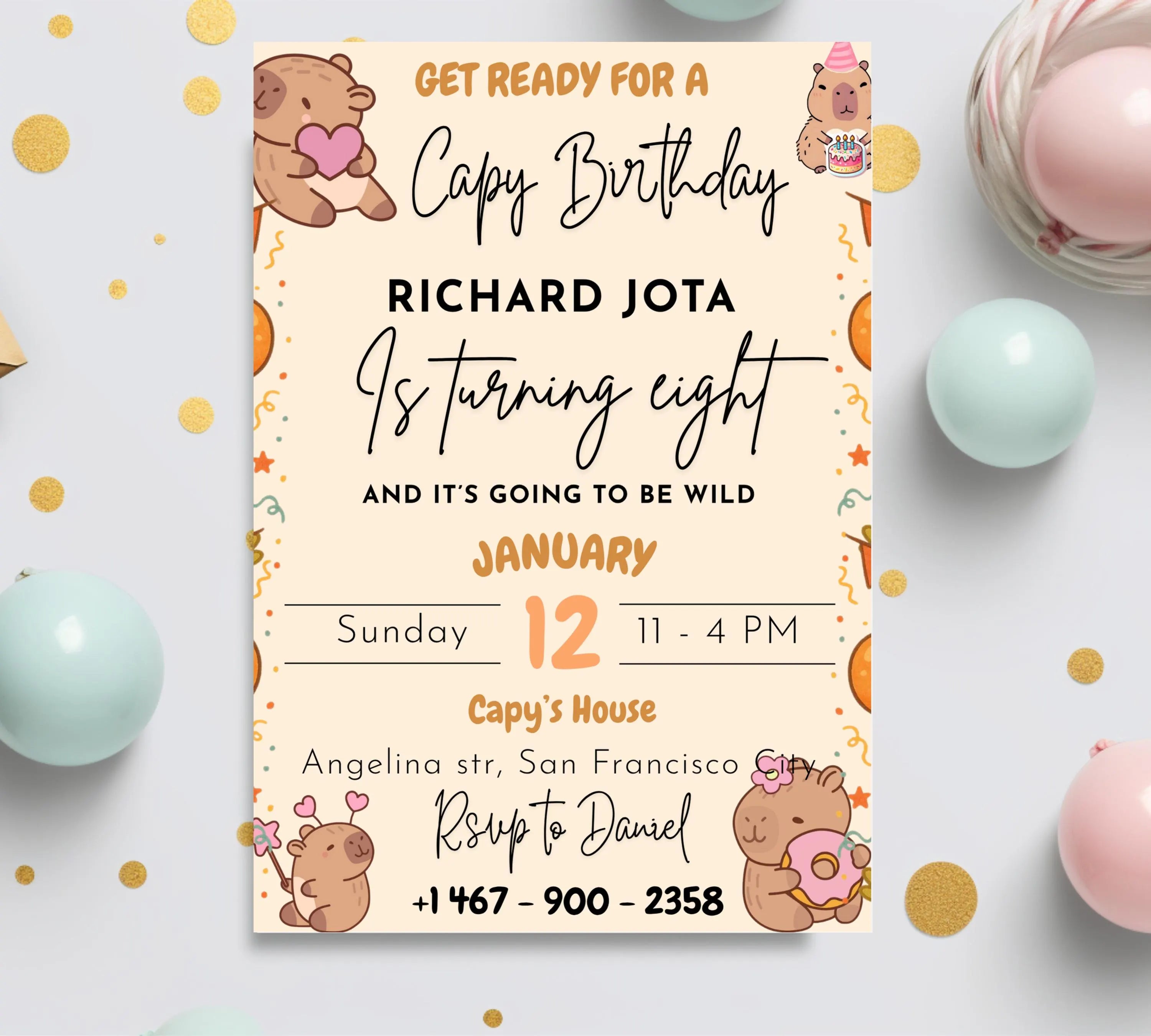 Capybara Birthday Invitation, Capy Birthday Editable Template, Printable Digital Download, Kids Birthday Theme, Instant Download Invitation