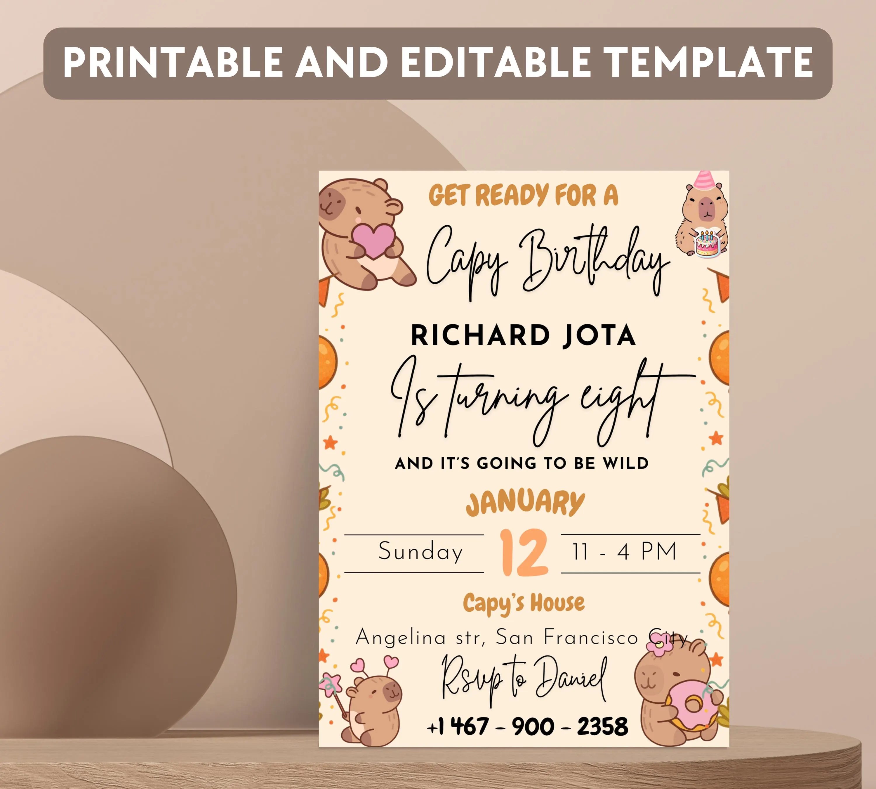 Capybara Birthday Invitation, Capy Birthday Editable Template, Printable Digital Download, Kids Birthday Theme, Instant Download Invitation