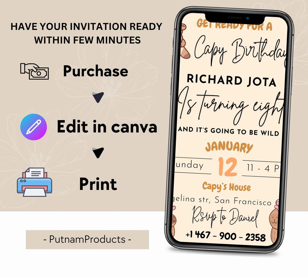 Capybara Birthday Invitation, Capy Birthday Editable Template, Printable Digital Download, Kids Birthday Theme, Instant Download Invitation