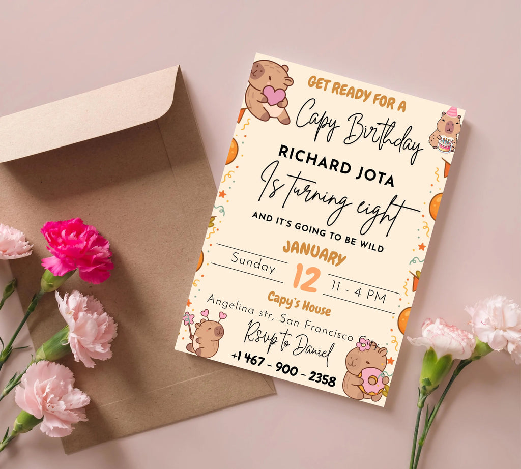 Capybara Birthday Invitation, Capy Birthday Editable Template, Printable Digital Download, Kids Birthday Theme, Instant Download Invitation
