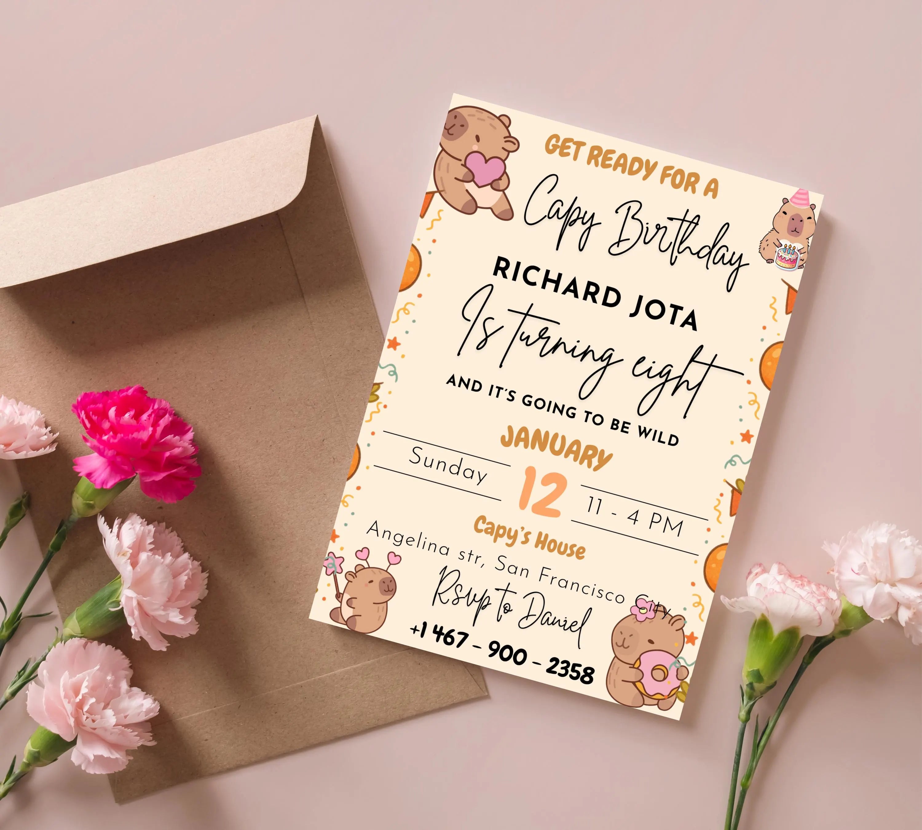 Capybara Birthday Invitation, Capy Birthday Editable Template, Printable Digital Download, Kids Birthday Theme, Instant Download Invitation