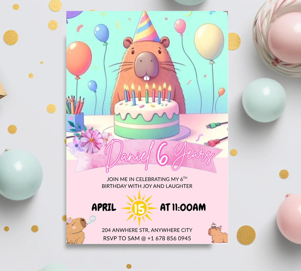 Capybara Birthday Invitation, Capy Birthday Editable Template, Printable Digital Download, Kids Birthday Theme, Instant Download Invitation