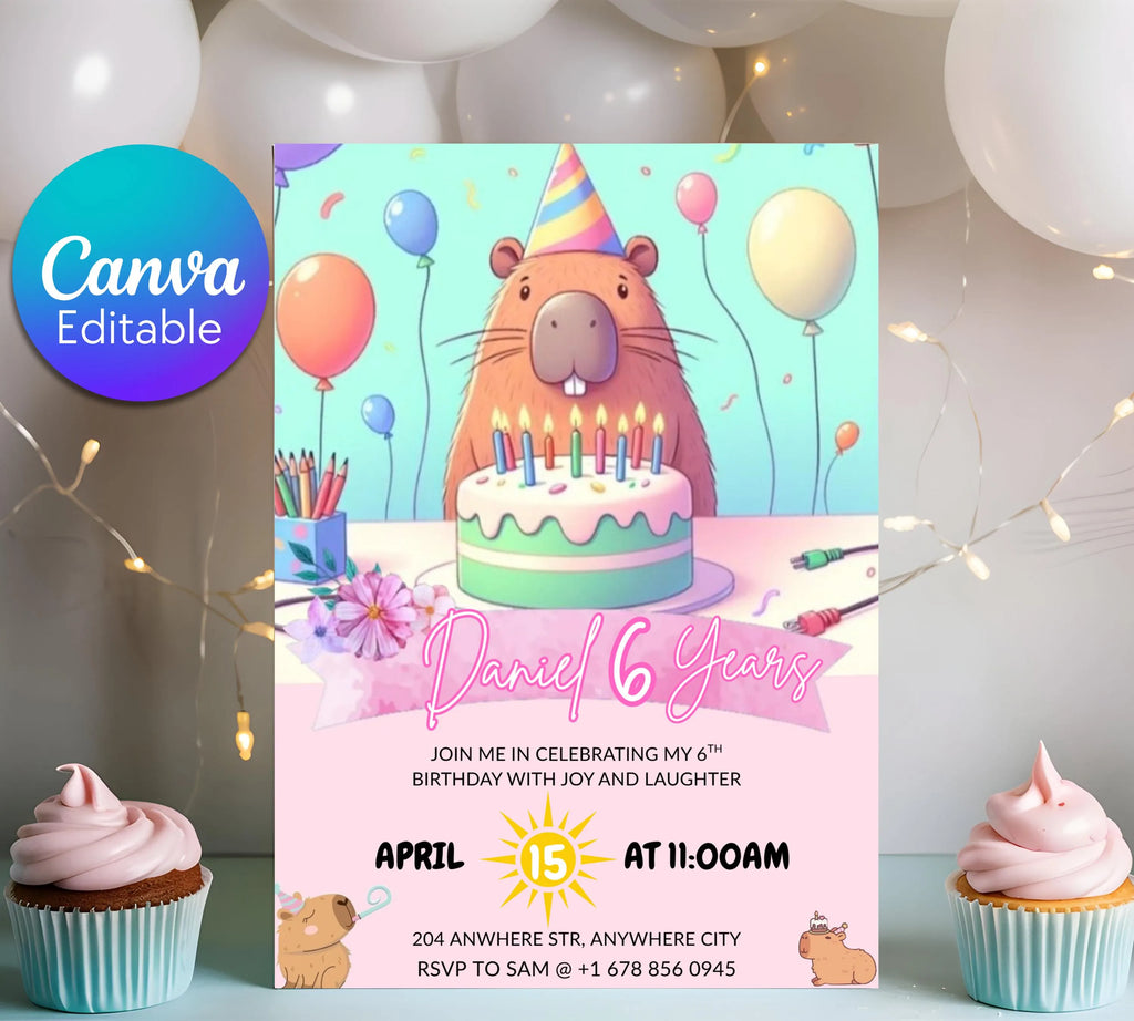 Capybara Birthday Invitation, Capy Birthday Editable Template, Printable Digital Download, Kids Birthday Theme, Instant Download Invitation