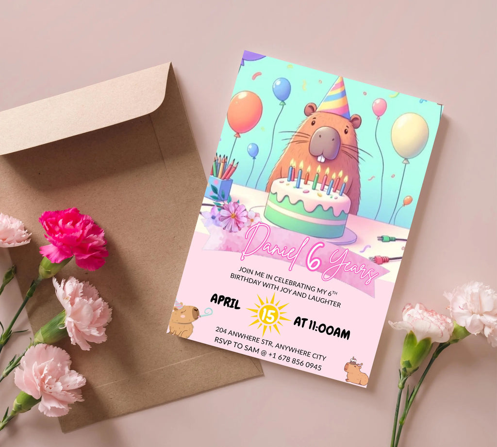 Capybara Birthday Invitation, Capy Birthday Editable Template, Printable Digital Download, Kids Birthday Theme, Instant Download Invitation