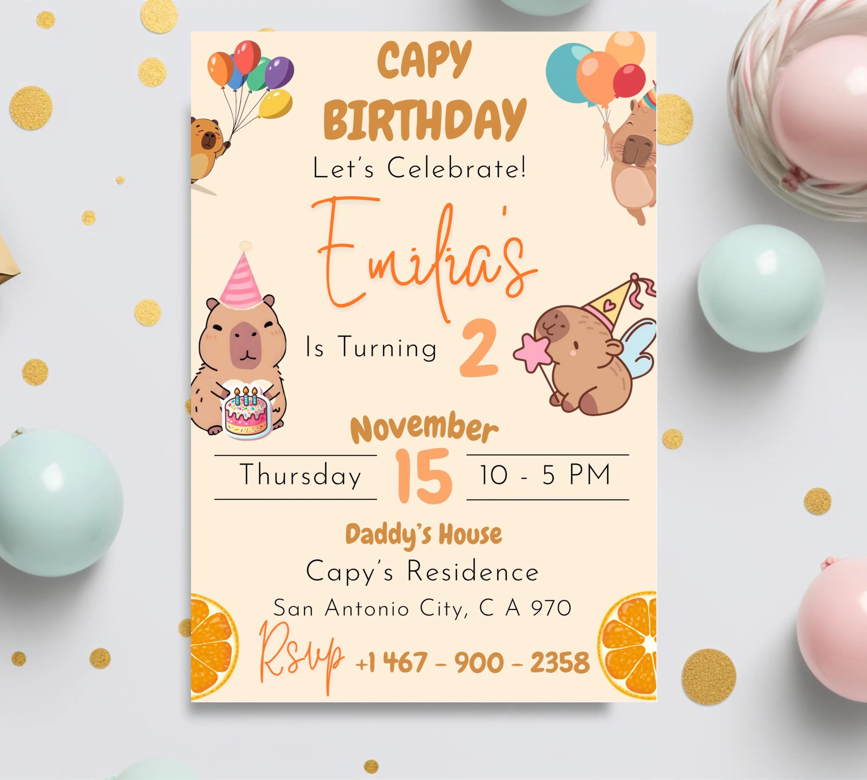 Editable Capybara Birthday Invitation, Capy Birthday Template, Printable Digital Download, Kids Birthday Theme, Instant Download Invitation