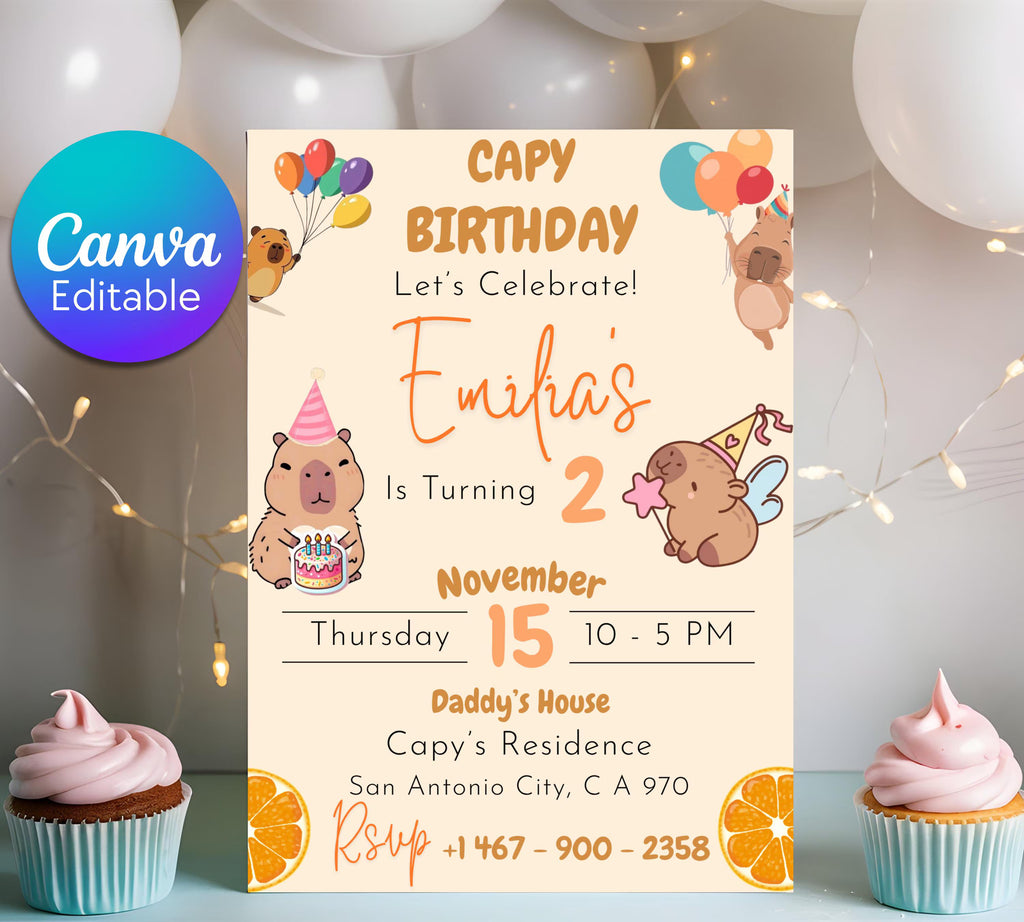 Editable Capybara Birthday Invitation, Capy Birthday Template, Printable Digital Download, Kids Birthday Theme, Instant Download Invitation