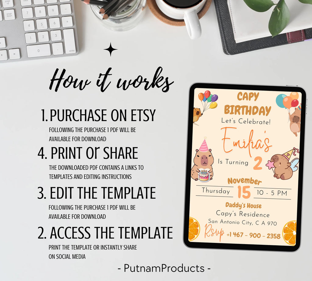 Editable Capybara Birthday Invitation, Capy Birthday Template, Printable Digital Download, Kids Birthday Theme, Instant Download Invitation