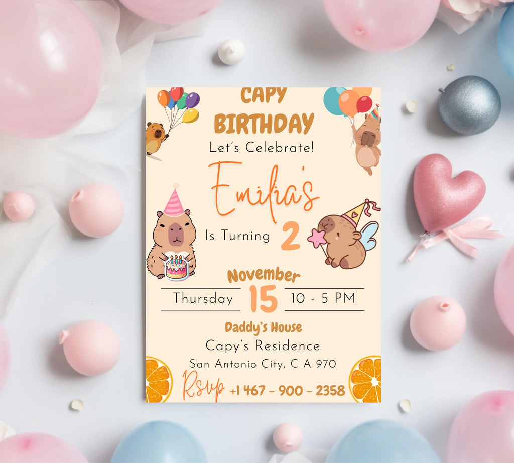 Editable Capybara Birthday Invitation, Capy Birthday Template, Printable Digital Download, Kids Birthday Theme, Instant Download Invitation