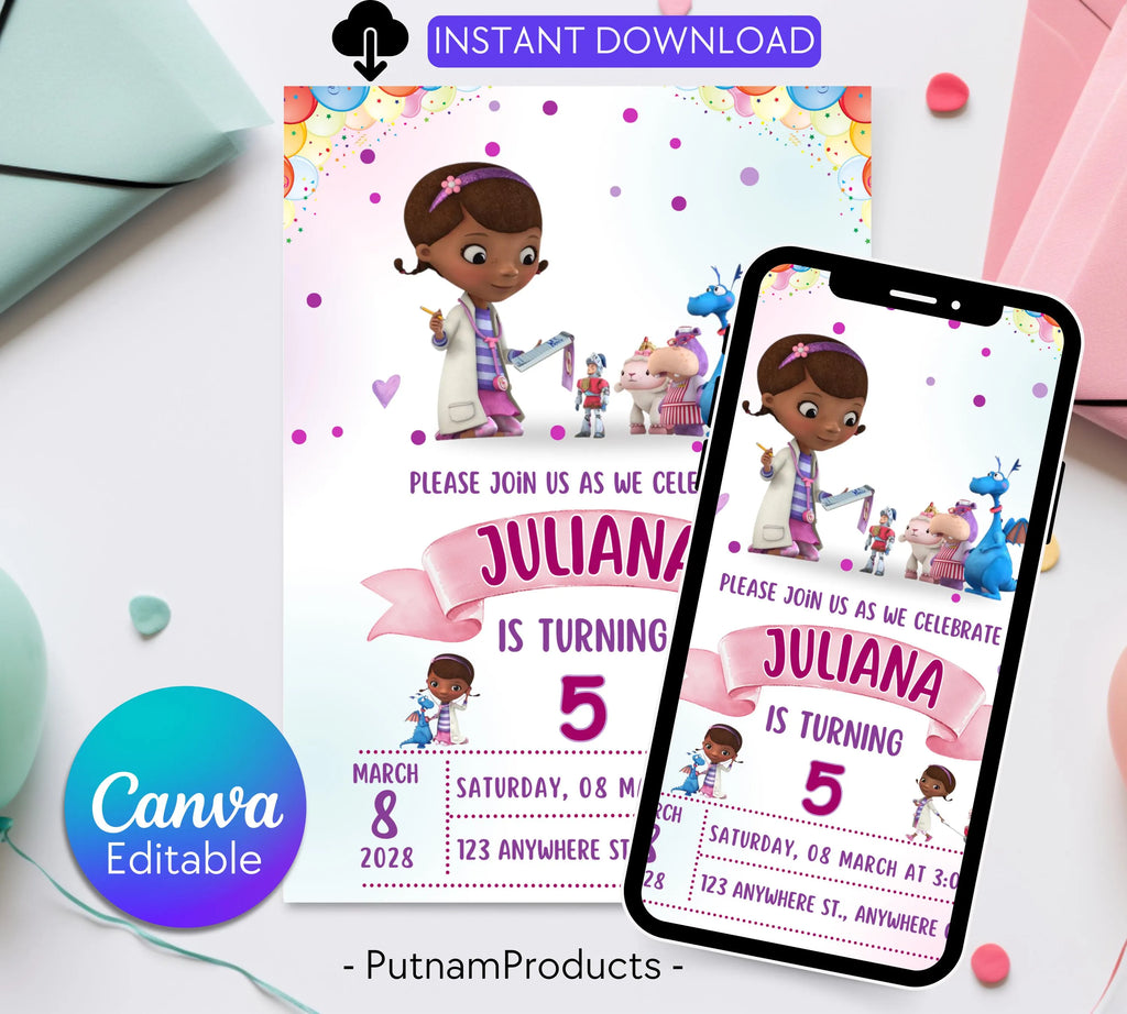 Editable Doc Mcstuffins Birthday Invitation Template, Printable DocMcstuffins Party Invitations, Digital Kids Party Invite, Instant Download