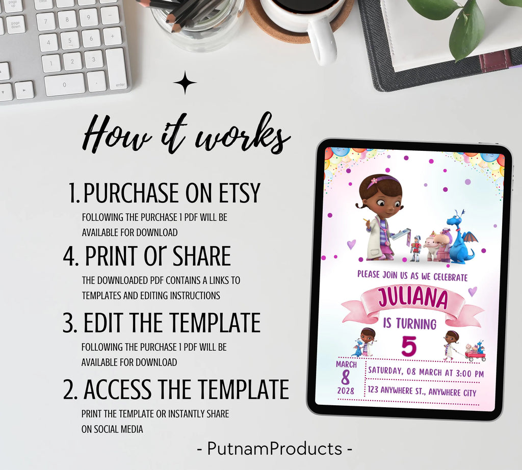 Editable Doc Mcstuffins Birthday Invitation Template, Printable DocMcstuffins Party Invitations, Digital Kids Party Invite, Instant Download