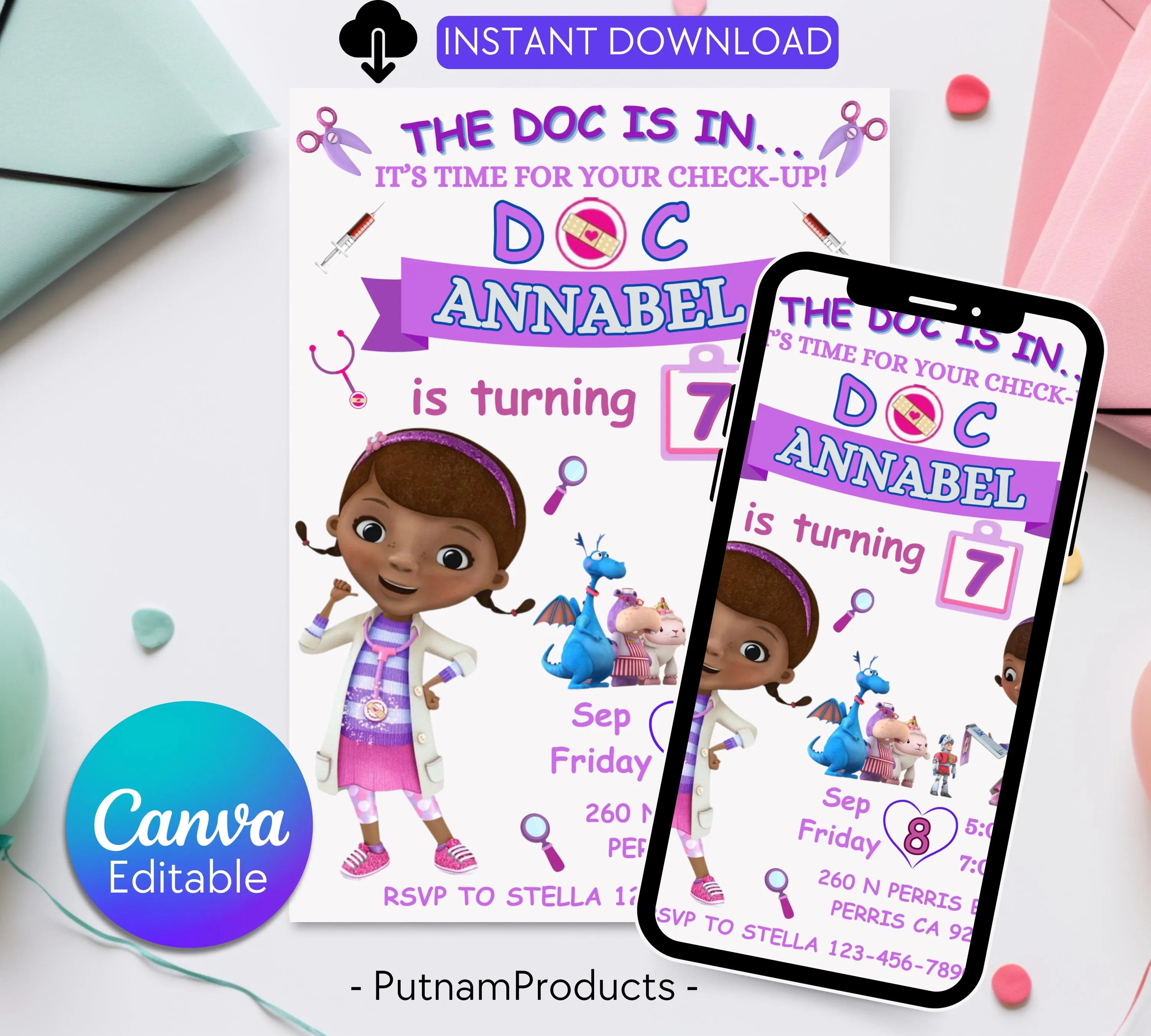 Doc Mcstuffins Birthday Invitation Template, Printable DocMcstuffins Party Invitations, Digital Kids Party Invite, Instant Download Template