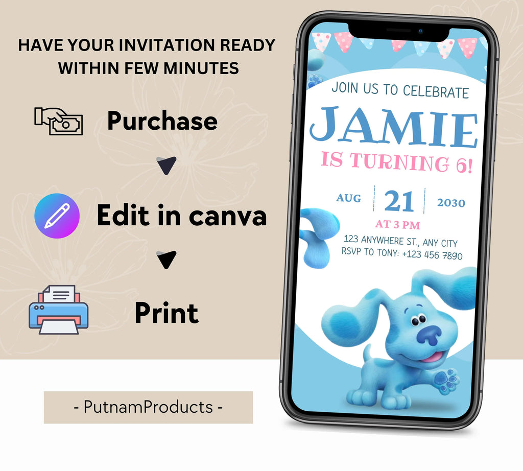 Editable Blues Clues Birthday Invitation, Editable Blue Puppy Printable Invitation, Blues Clues Kids Digital Party Invite, Instant Download