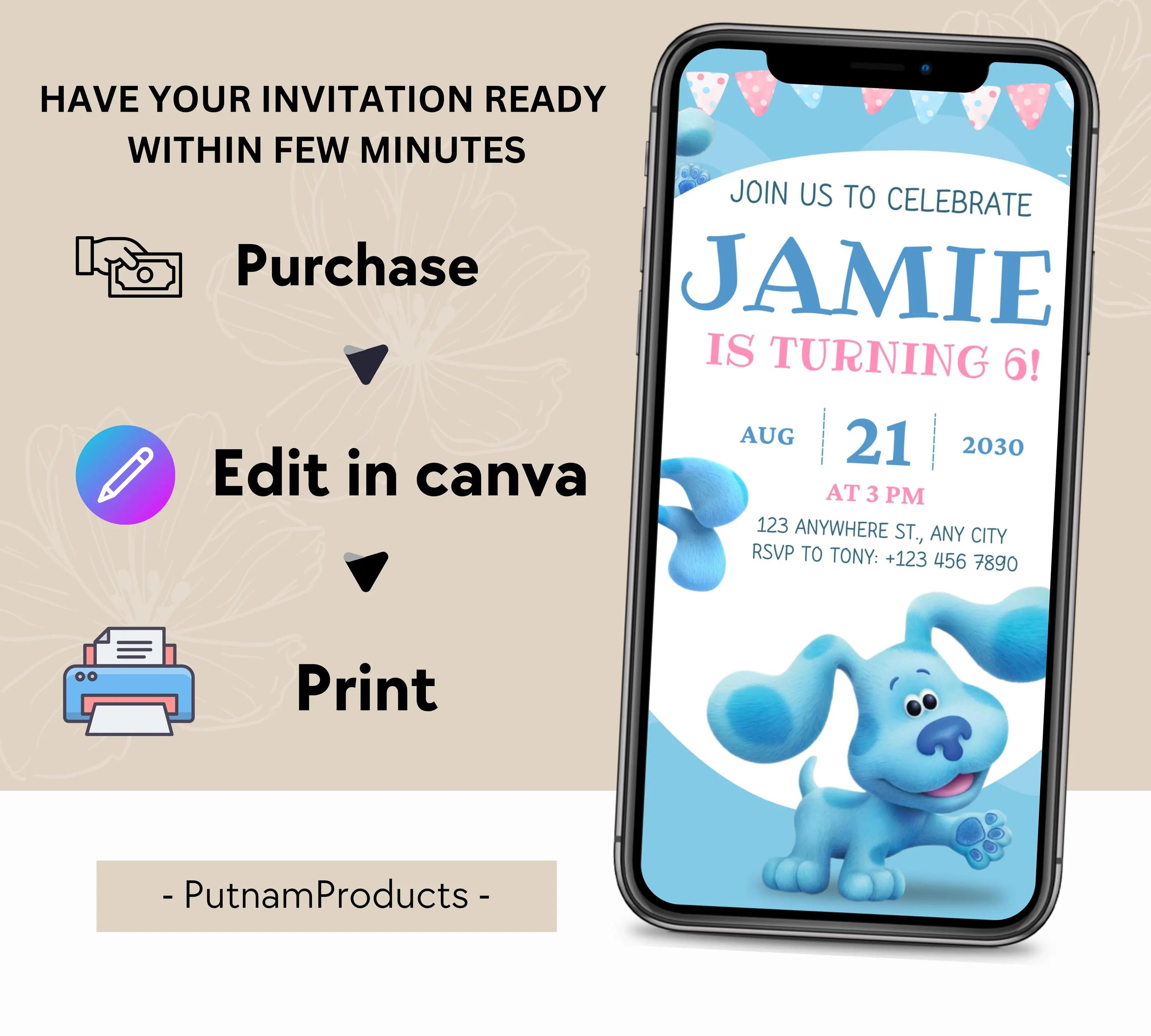 Editable Blues Clues Birthday Invitation, Editable Blue Puppy Printable Invitation, Blues Clues Kids Digital Party Invite, Instant Download