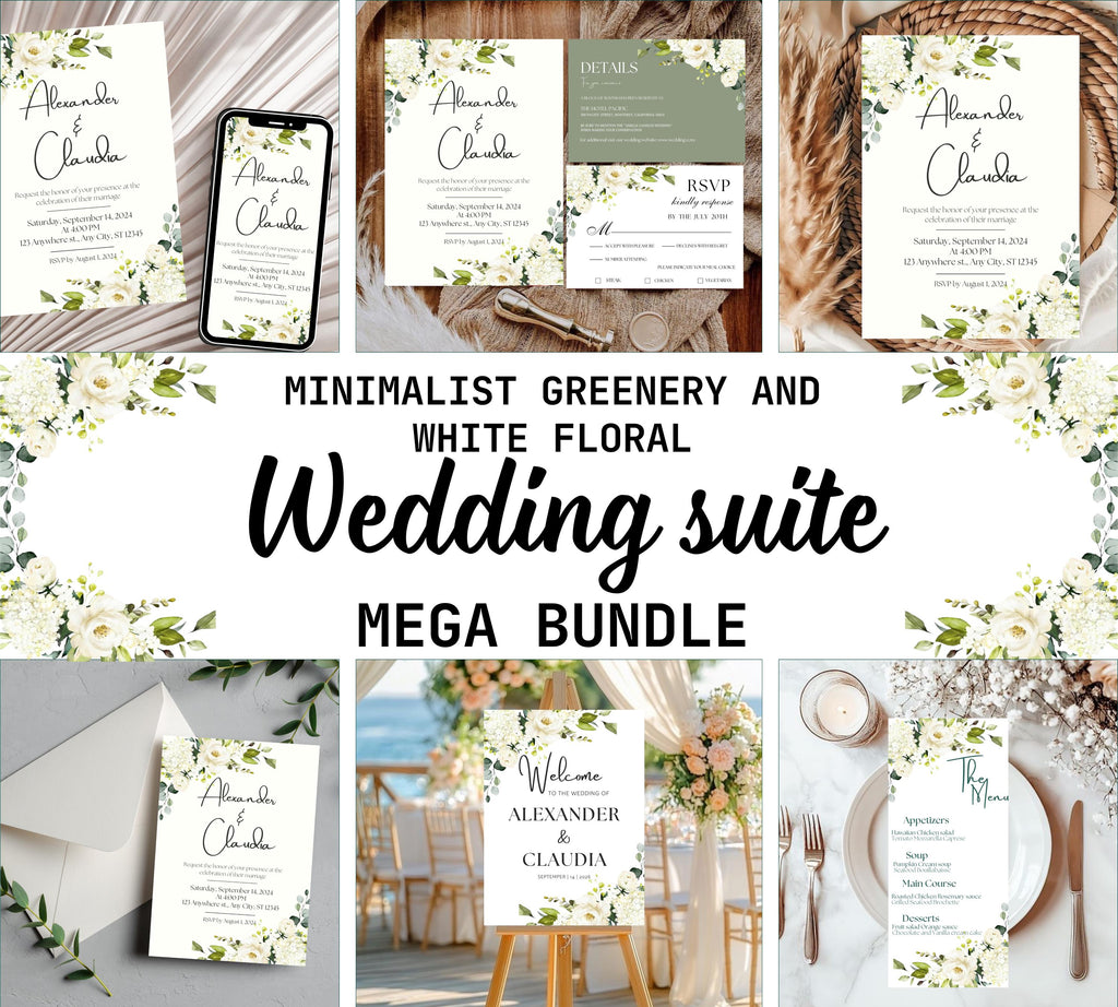 Minimalist Greenery and White Floral Wedding Invite bundle, Sage Green Boho Wedding Invitation Suite, White and Green Invite,Boho Wildflower