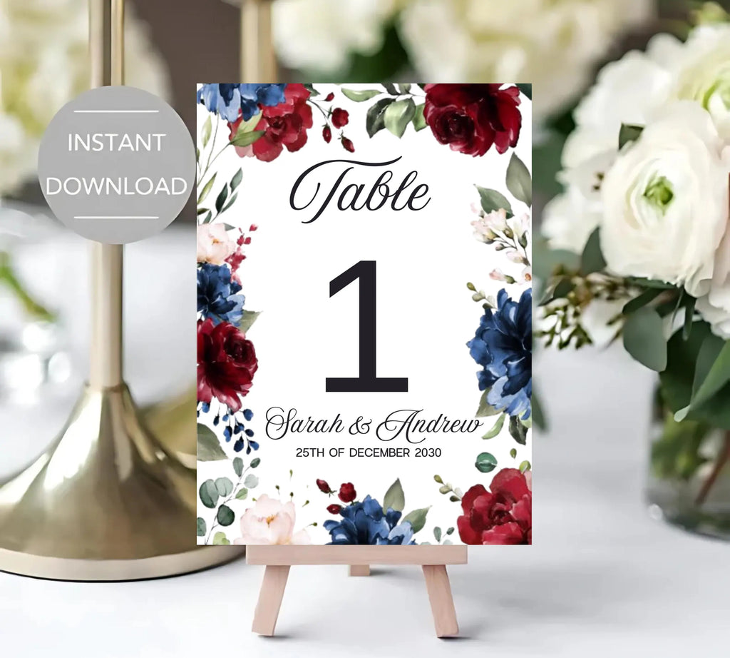 Editable & Printable Navy and Burgundy Wedding Invite Bundle invite, Burgundy Royal Blue Wedding Invite, Burgundy Flowers Invite