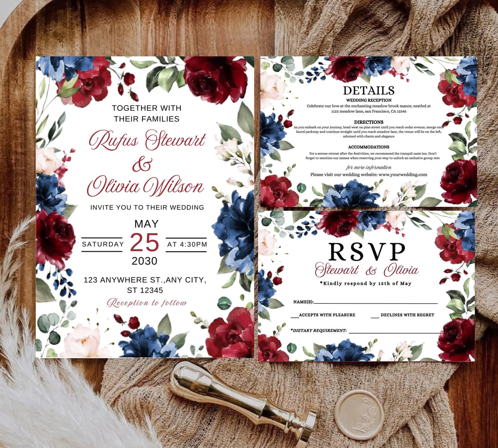 Editable & Printable Navy and Burgundy Wedding Invite Bundle invite, Burgundy Royal Blue Wedding Invite, Burgundy Flowers Invite