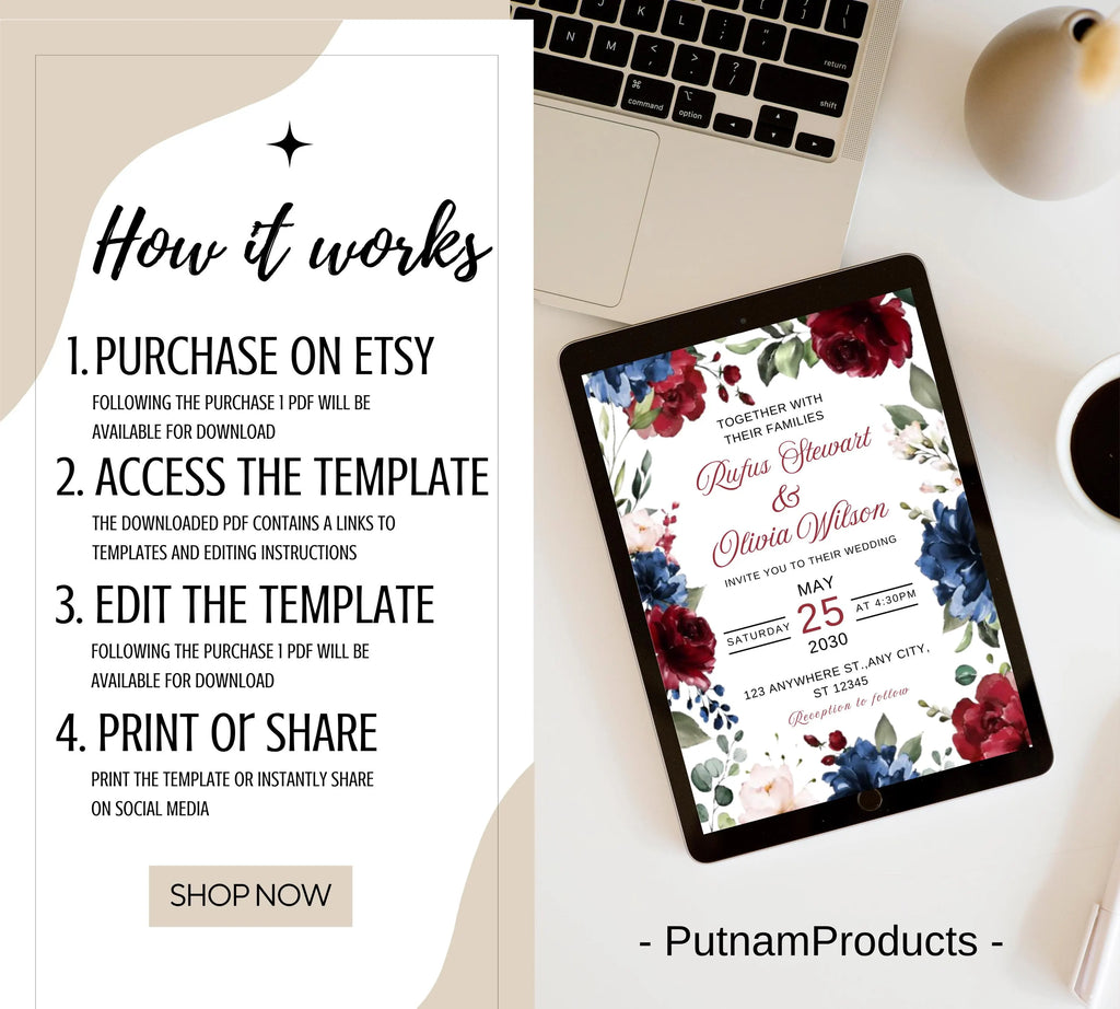 Editable & Printable Navy and Burgundy Wedding Invite Bundle invite, Burgundy Royal Blue Wedding Invite, Burgundy Flowers Invite