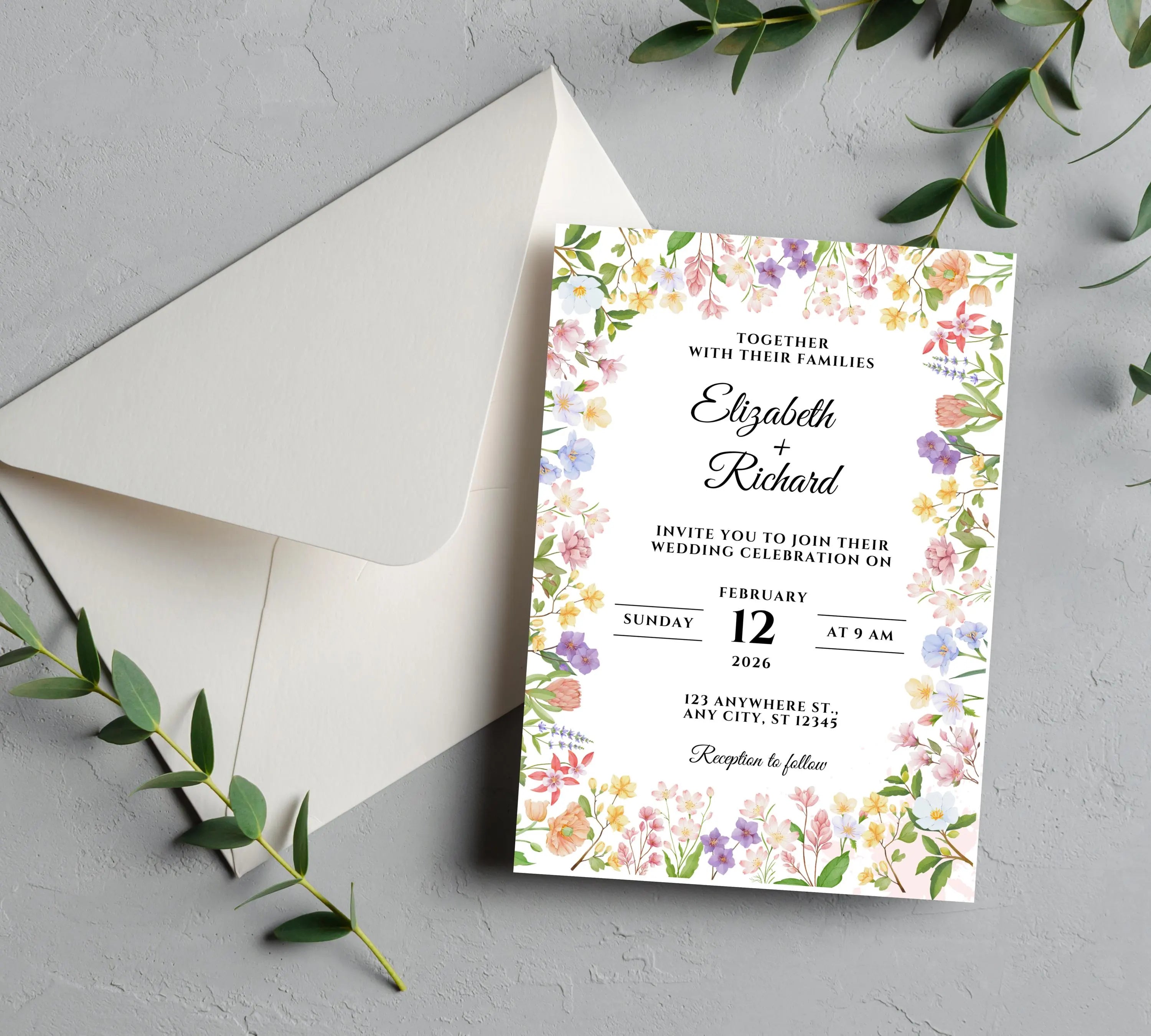 Editable Rustic Wildflower Wedding Invitation bundle, Printable Boho Floral Wedding Invite Set, Elegant Wreath Design for Rustic Weddings,