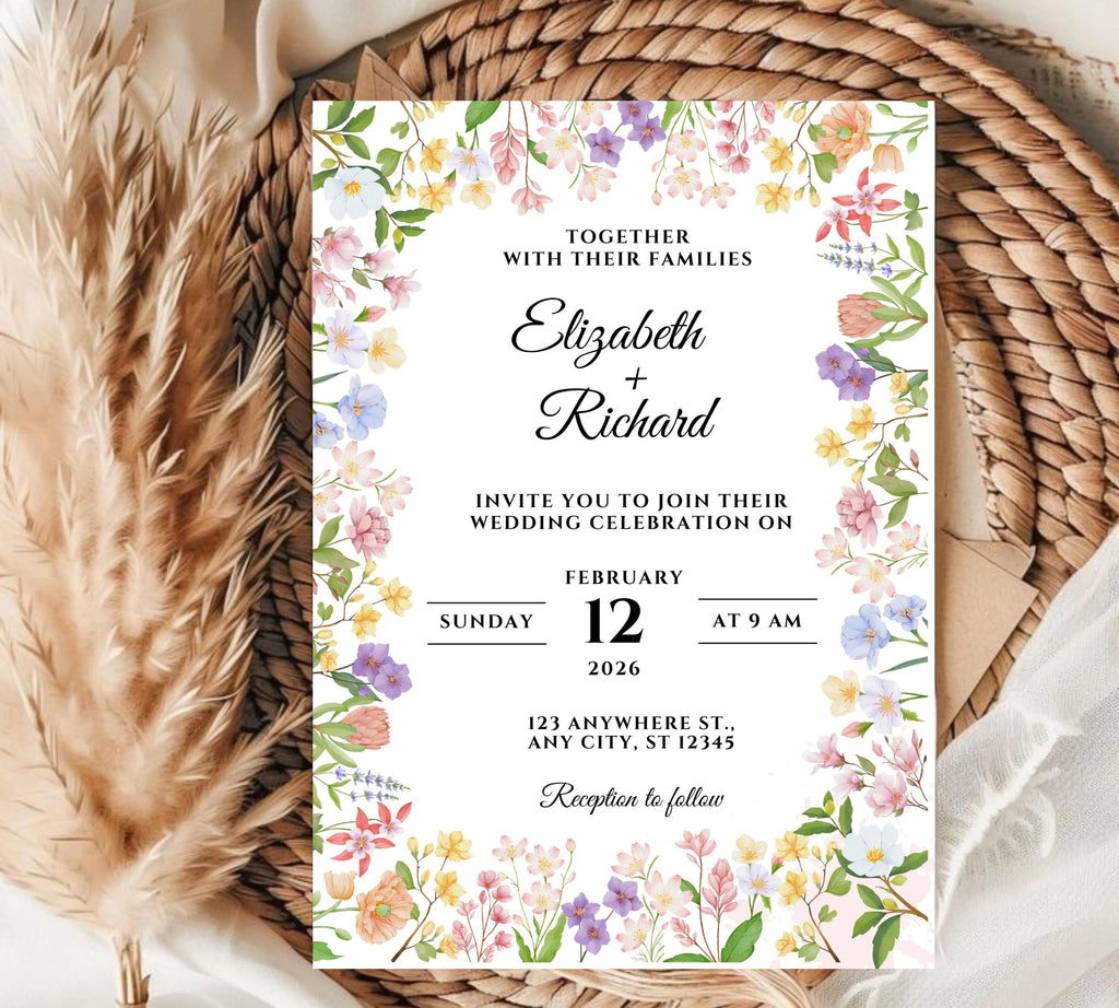 Editable Rustic Wildflower Wedding Invitation bundle, Printable Boho Floral Wedding Invite Set, Elegant Wreath Design for Rustic Weddings,