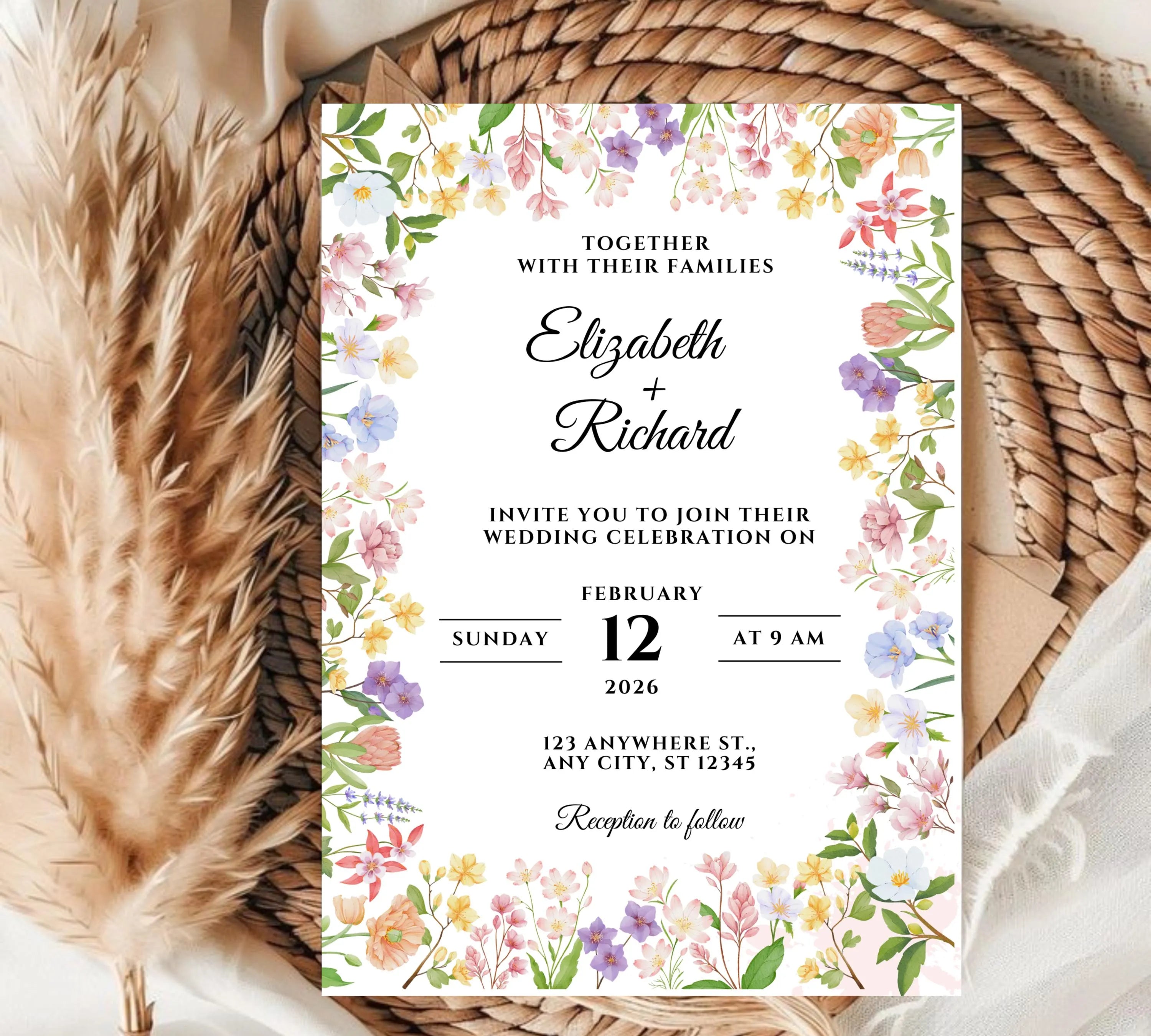 Editable Rustic Wildflower Wedding Invitation bundle, Printable Boho Floral Wedding Invite Set, Elegant Wreath Design for Rustic Weddings,
