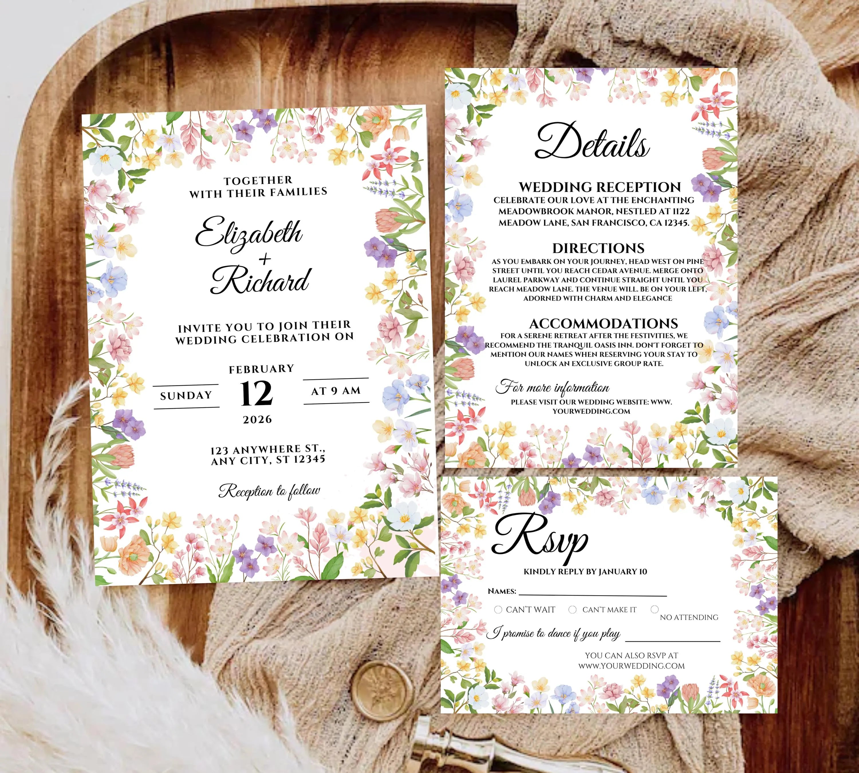 Editable Rustic Wildflower Wedding Invitation bundle, Printable Boho Floral Wedding Invite Set, Elegant Wreath Design for Rustic Weddings,